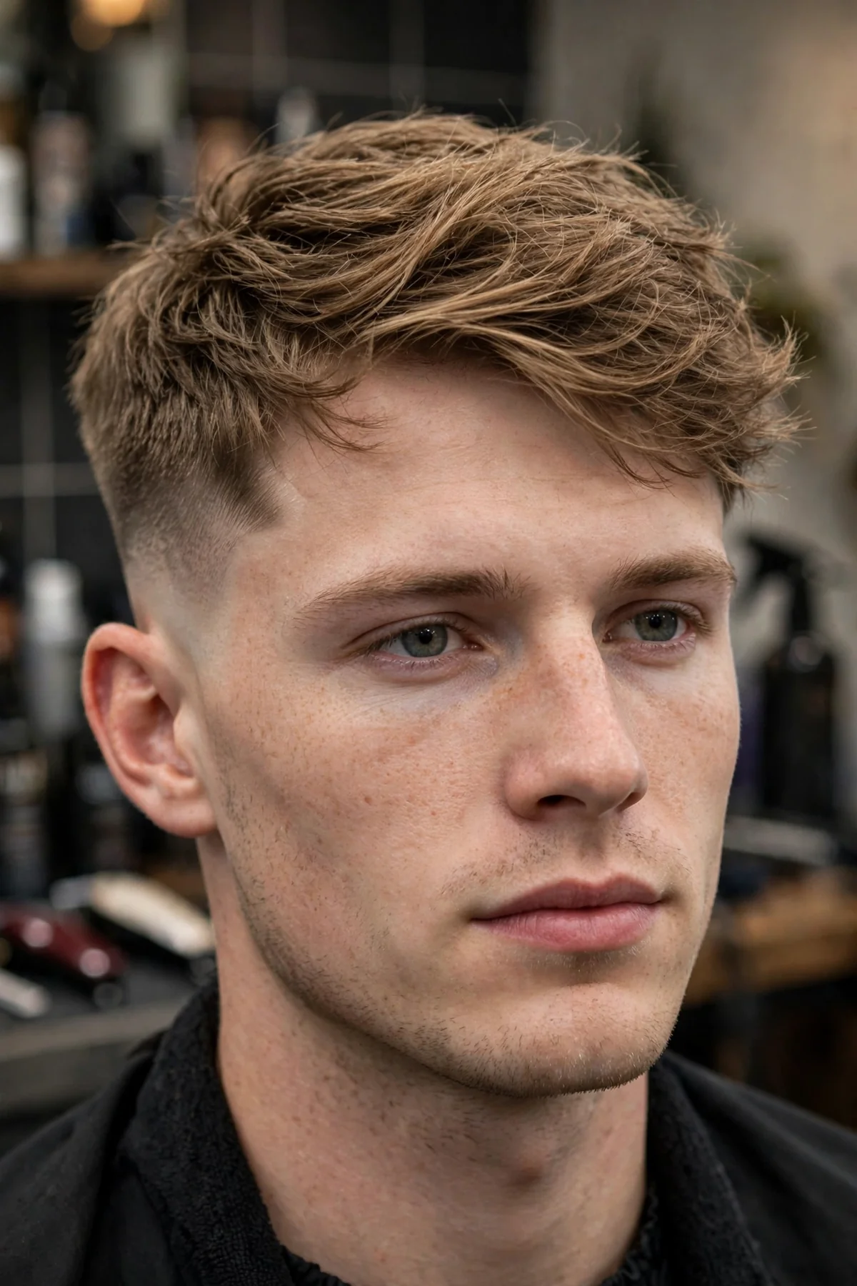 16 guard cut with a skin fade showing two inches on top melting into bare skin on the sides.