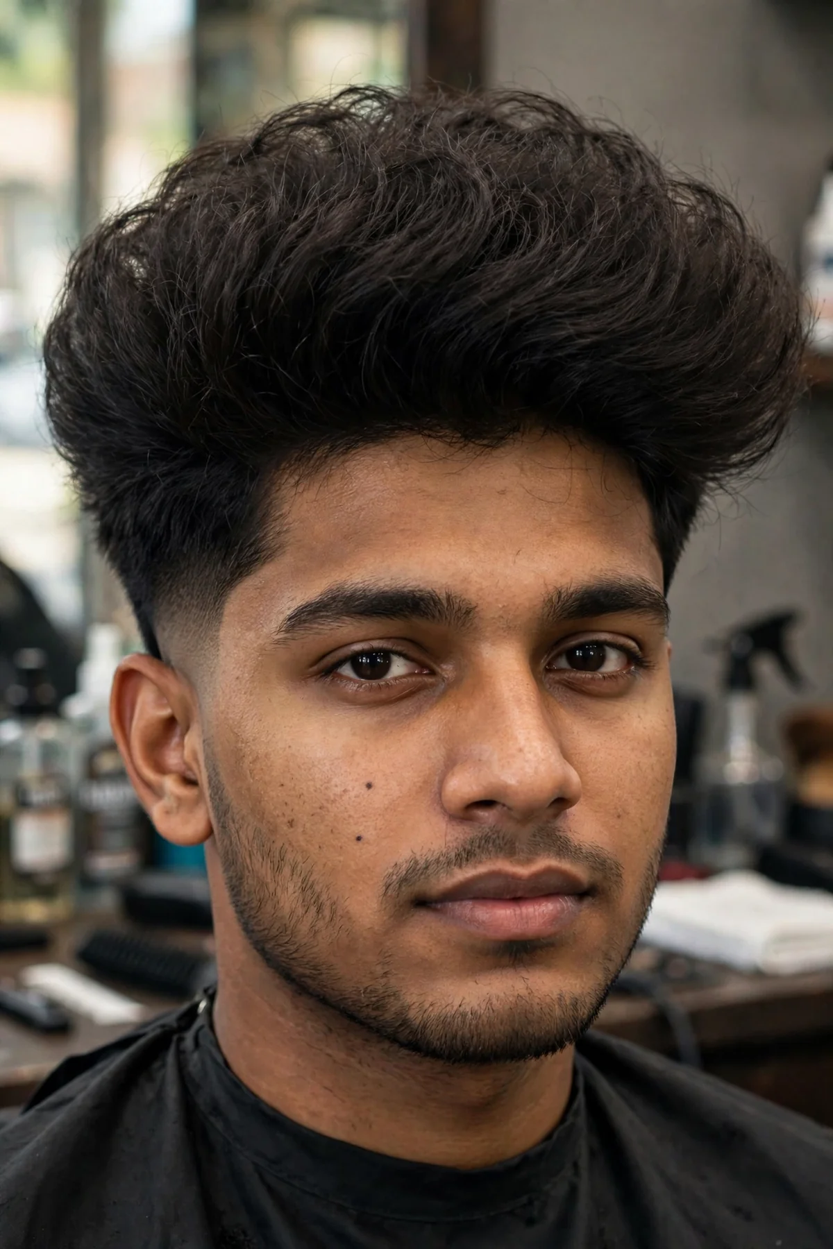 16 guard blowout taper cut with two inches of volume on top styled with lift at the front.