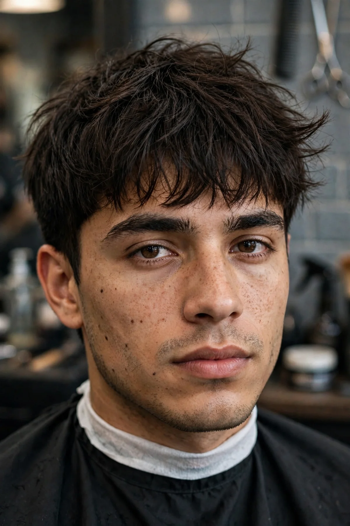 16 guard messy fringe cut with two inches of tousled hair falling forward over the forehead.