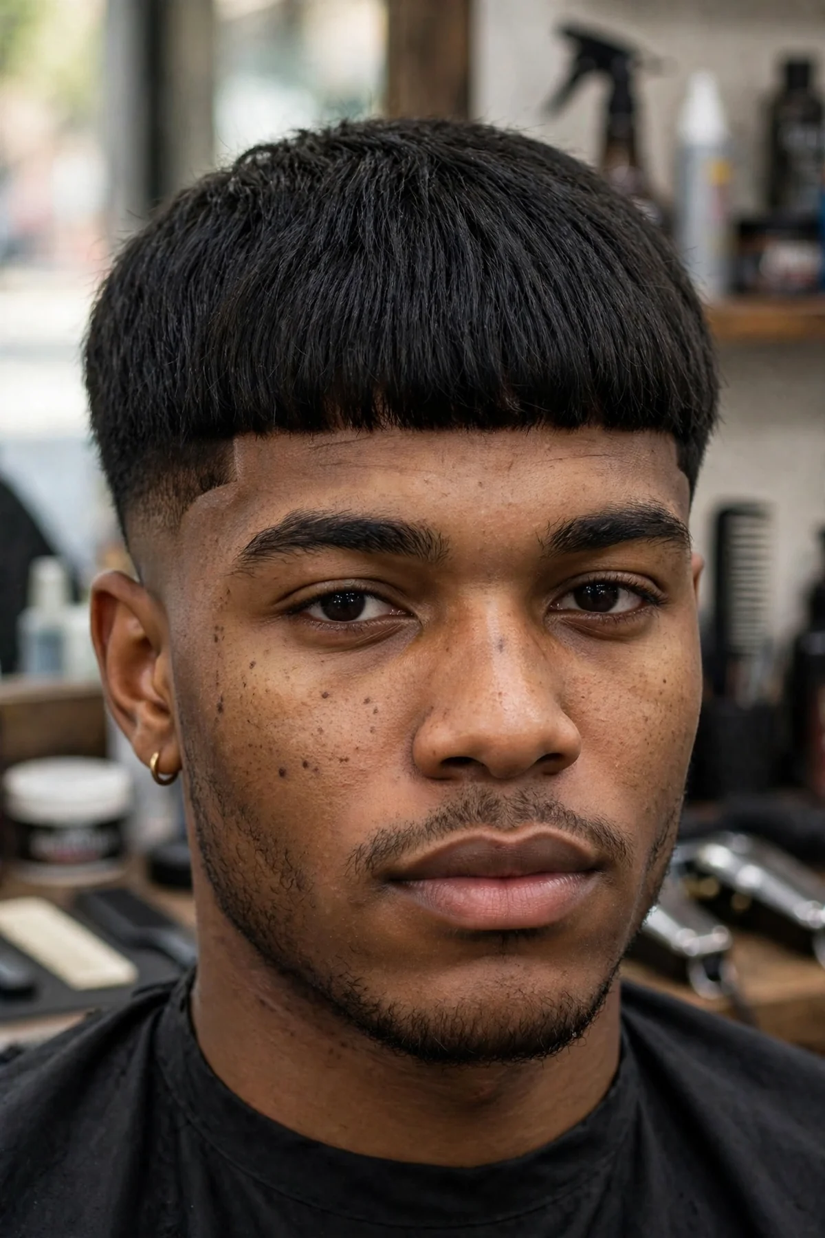 16 guard Edgar cut with two inches of straight heavy fringe across the forehead.