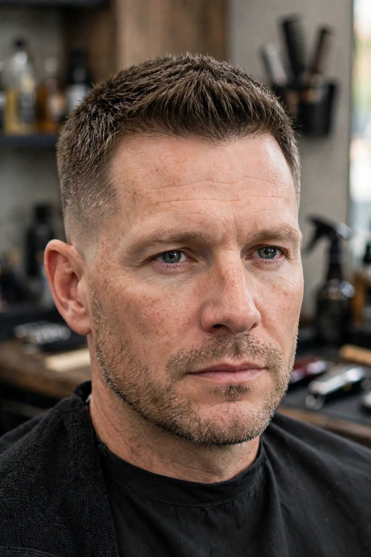 16 guard crew cut with two inches on top tapered slightly at the front hairline.