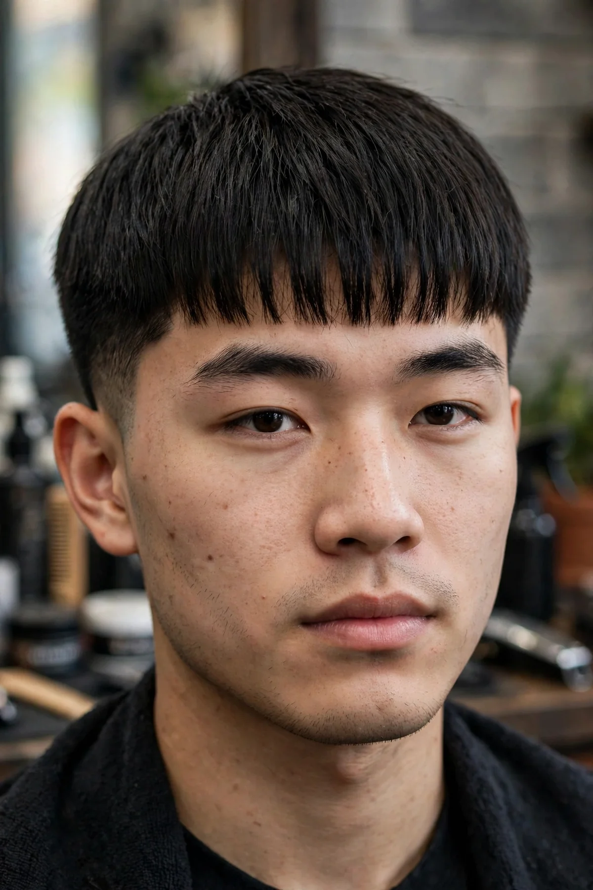 16 guard Caesar cut with two inches of short horizontal fringe brushed forward.