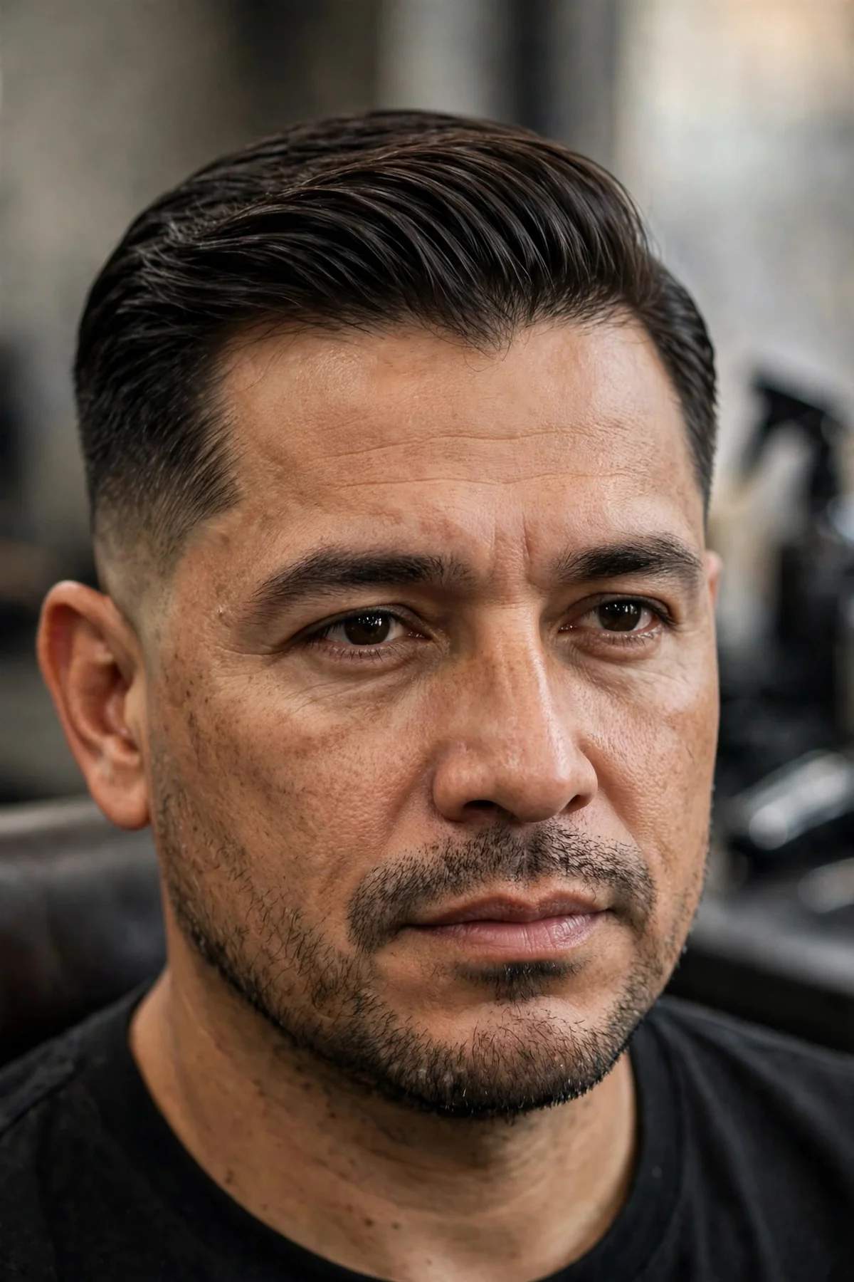 16 guard comb over with two inches of hair swept neatly to the side.