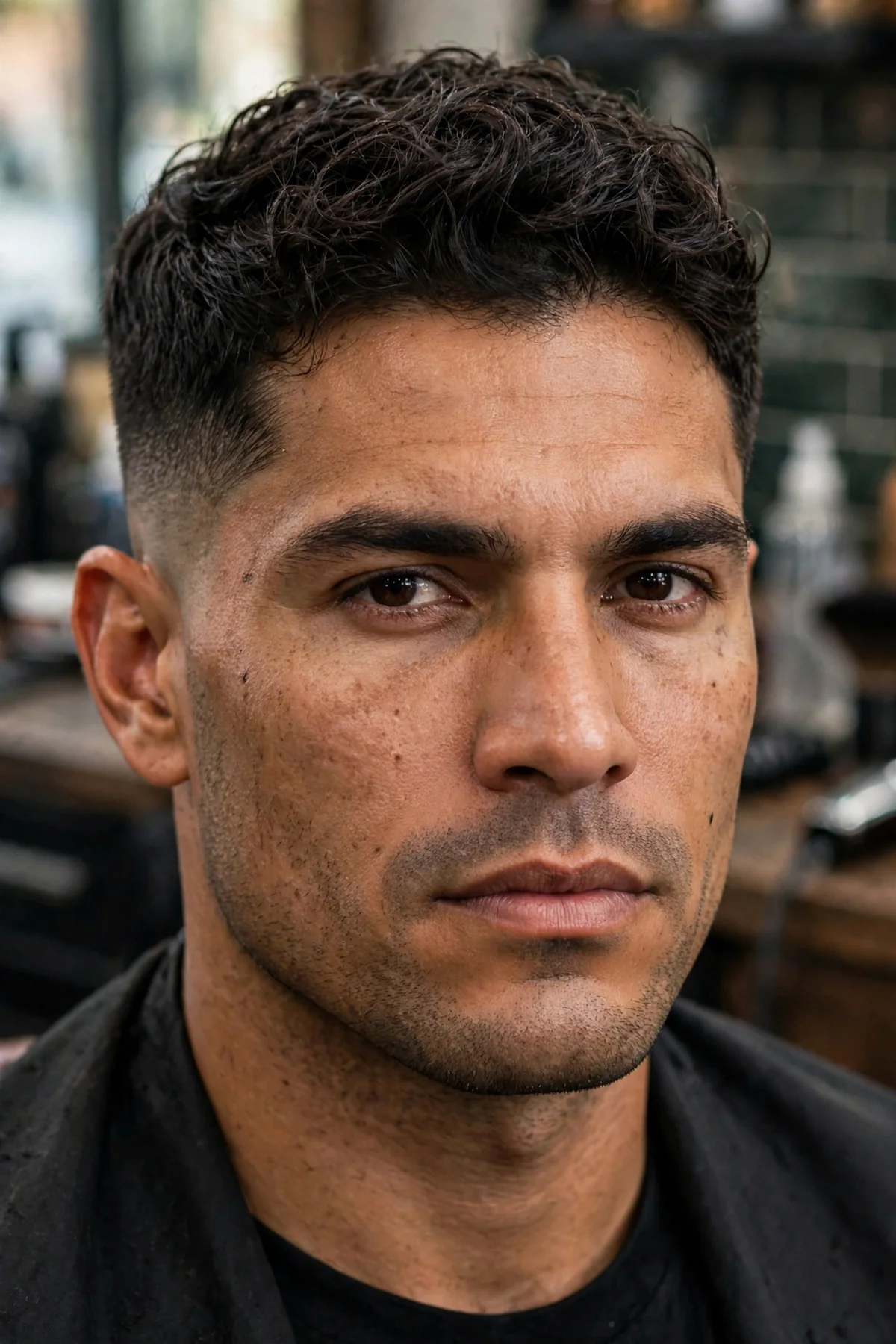 16 guard cut for square faces with two inches on top softening a strong jawline.