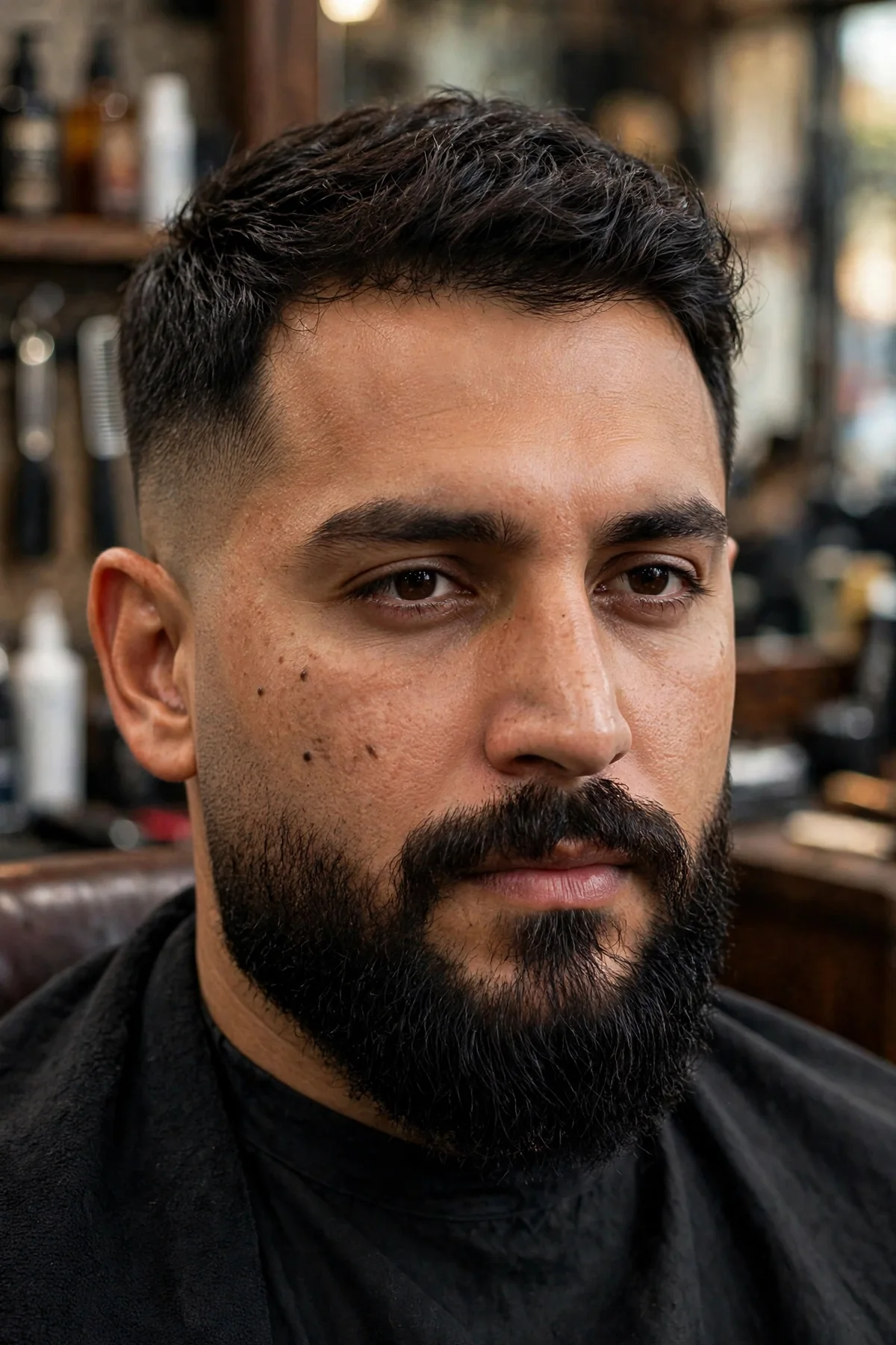 16 guard cut with a beard fade blending two inches of hair into a faded full beard.