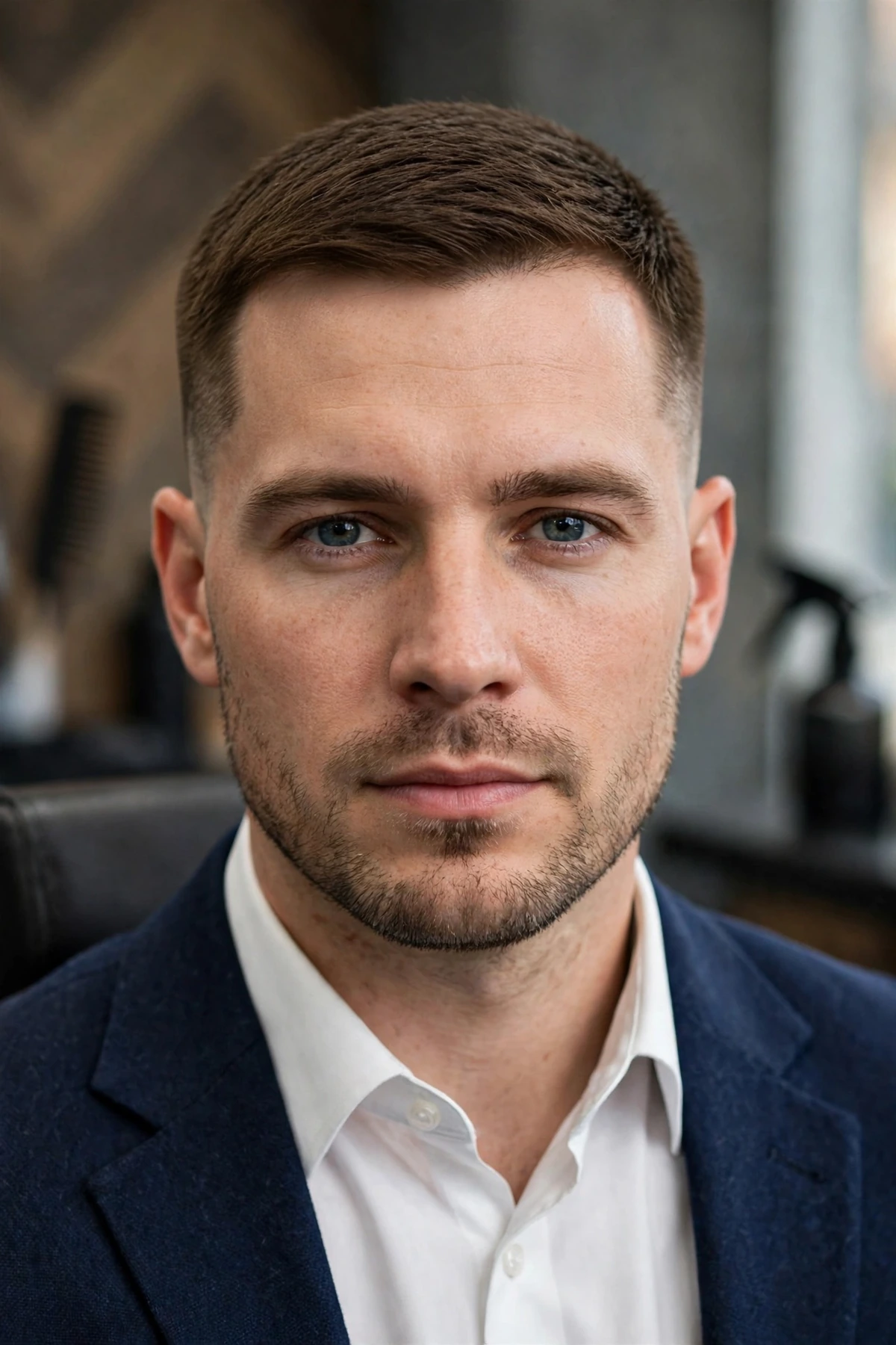 16 guard professional office cut with two inches of neatly combed hair on top.