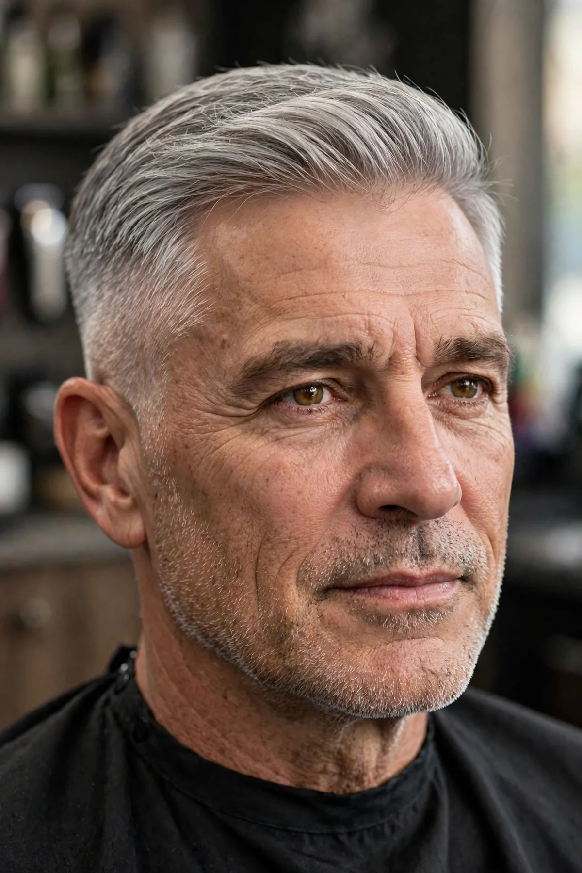 16 guard cut for older men with two inches of silver hair adding youthful fullness.