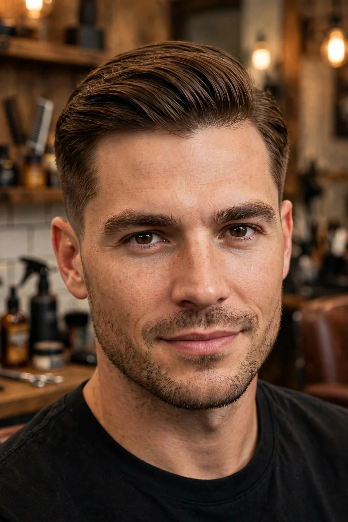 Man with a full 16 guard haircut showing two inches of even hair length on top with a clean natural neckline.