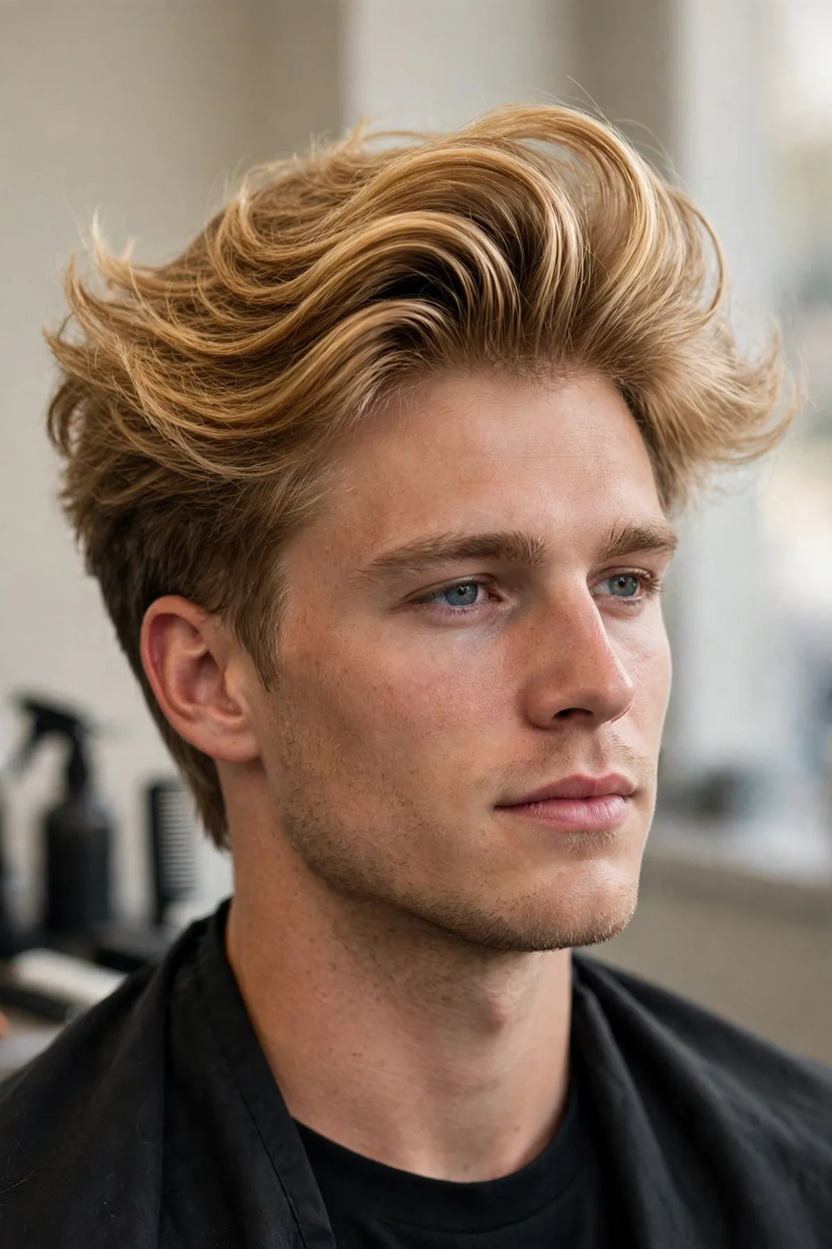 Long blowout haircut for men with six-inch top blown back and tapered sides