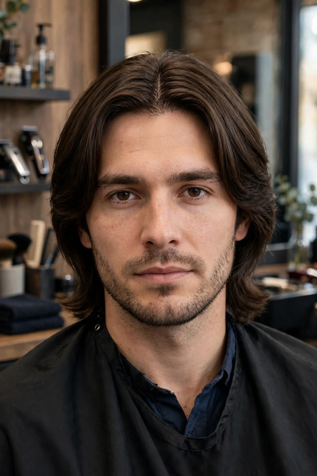 Middle part flow haircut for men with straight hair — medium length hair parted down the center