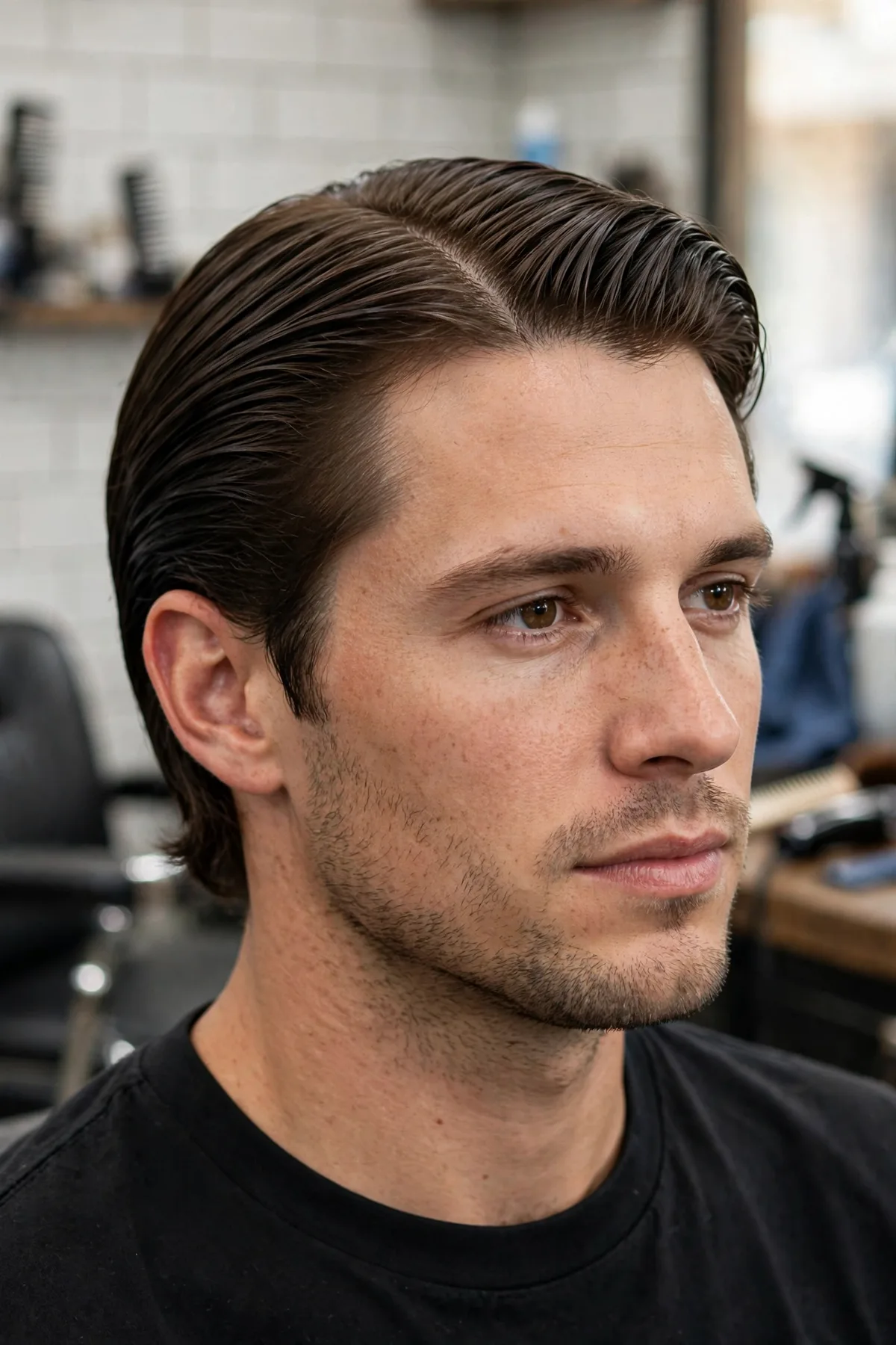 Middle part slick back haircut with hair parted in the center and swept back on both sides. A modern symmetrical men's slick back hairstyle.