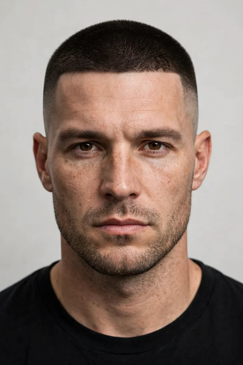 Military crew cut haircut for men — crisp regulation-style cut with #3 top and sharp #1 sides