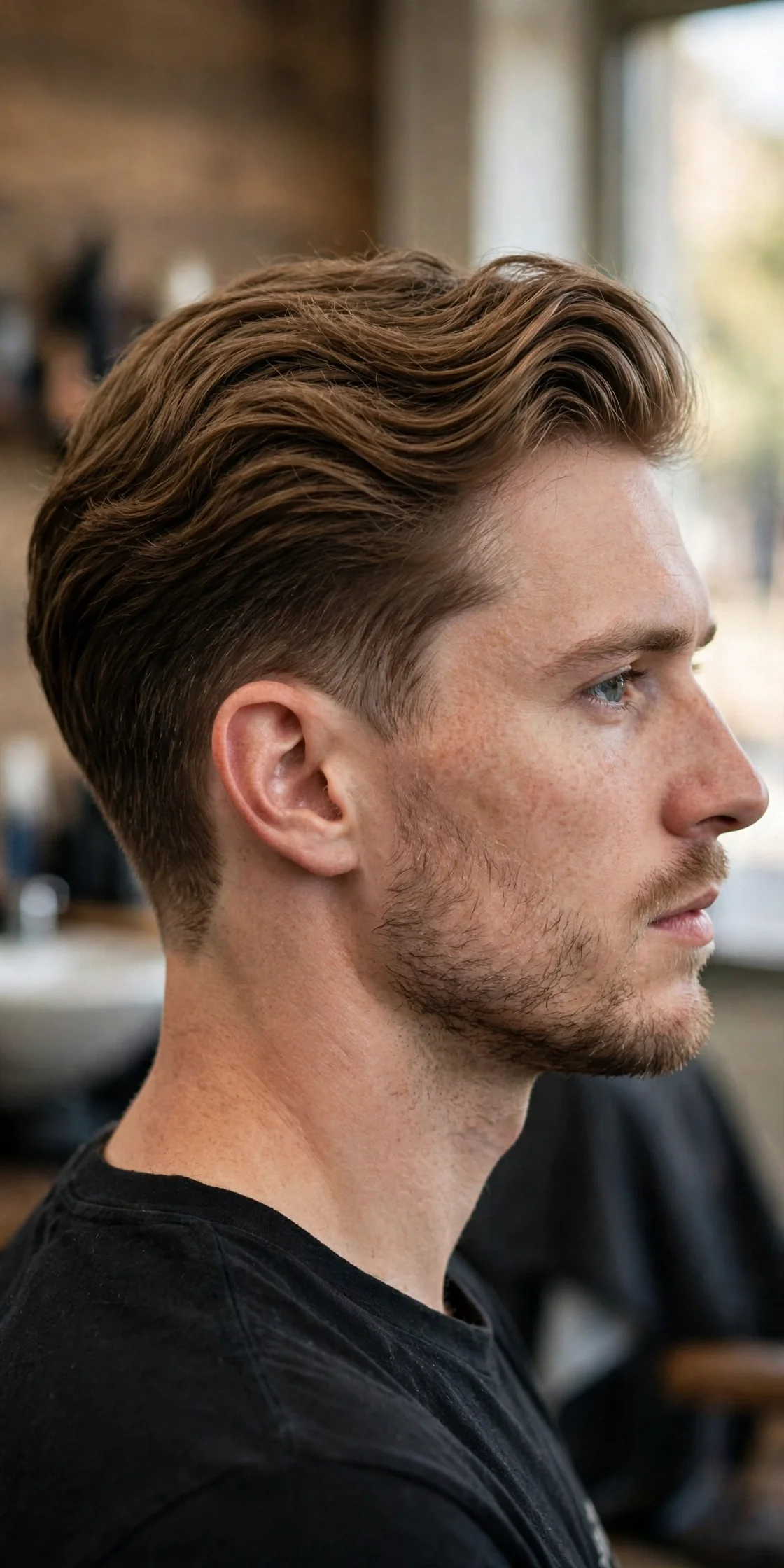 The neckline taper flow haircut with long flowing top and a clean tapered nape, barbershop photo.