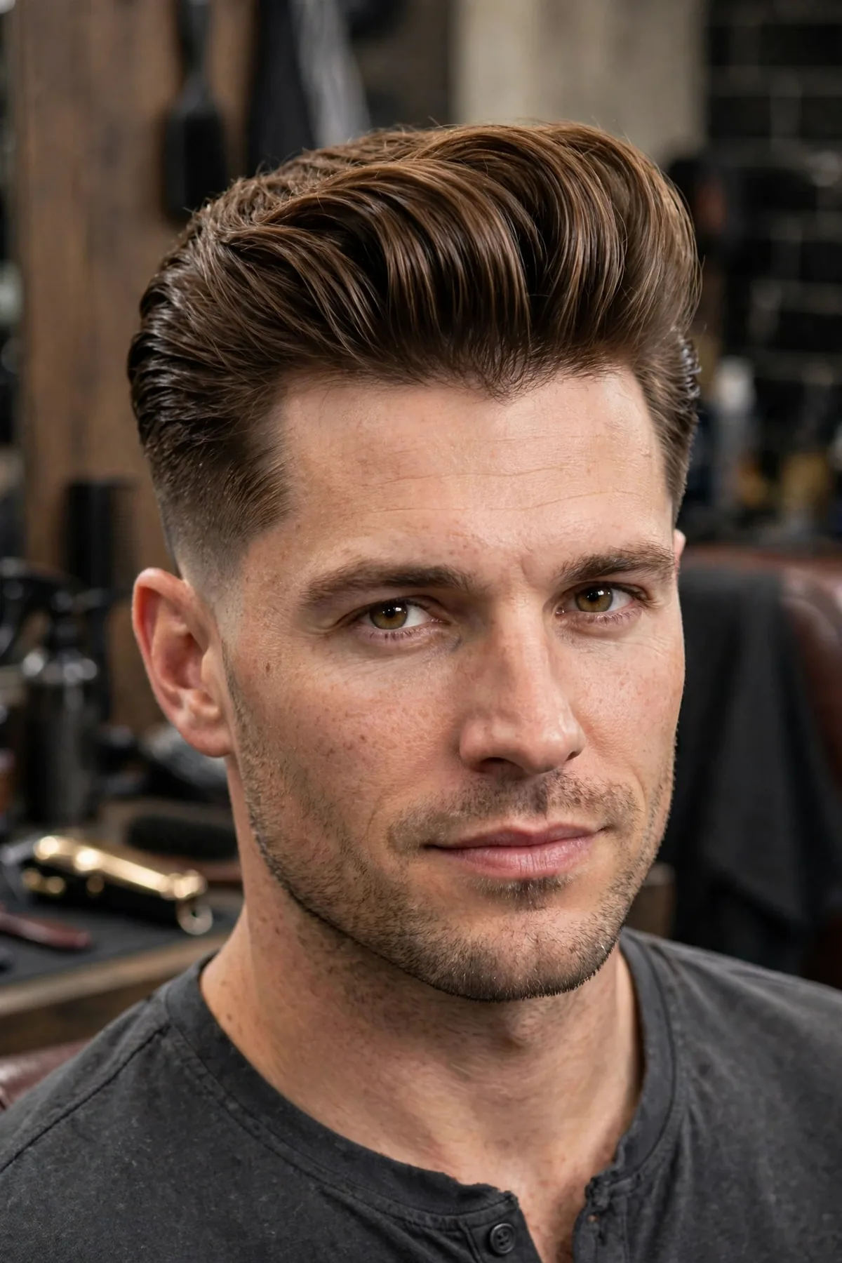 Man with a pompadour comb over haircut, voluminous front swept to the side, professional barbershop photography