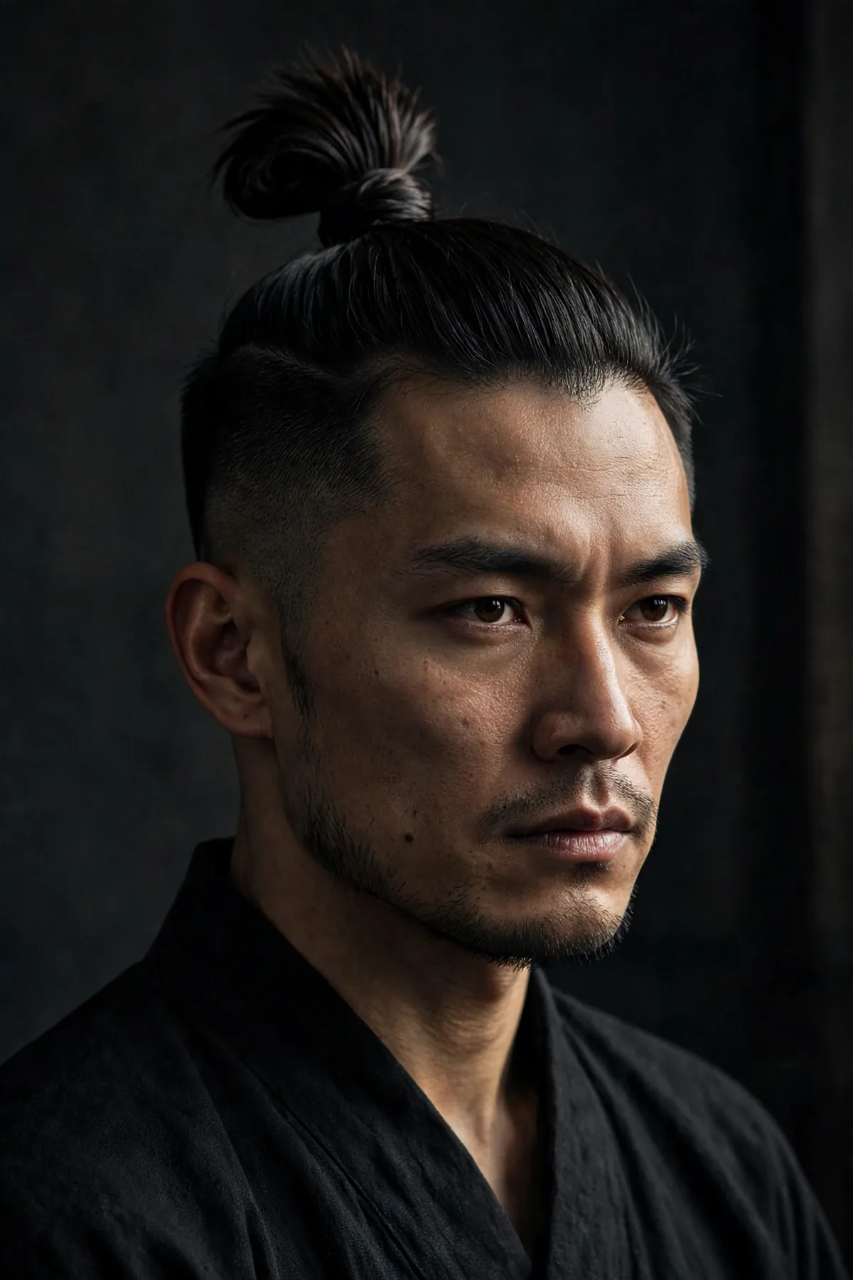 Samurai top knot warrior haircut for men with tight knot and closely cropped sides