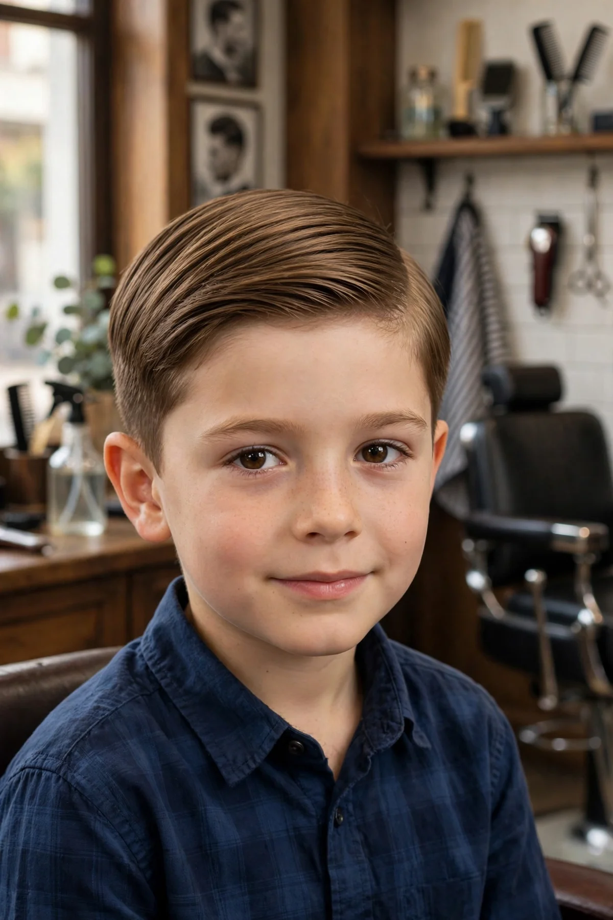 Boy with straight hair in a classic side part with a clean defined part line.