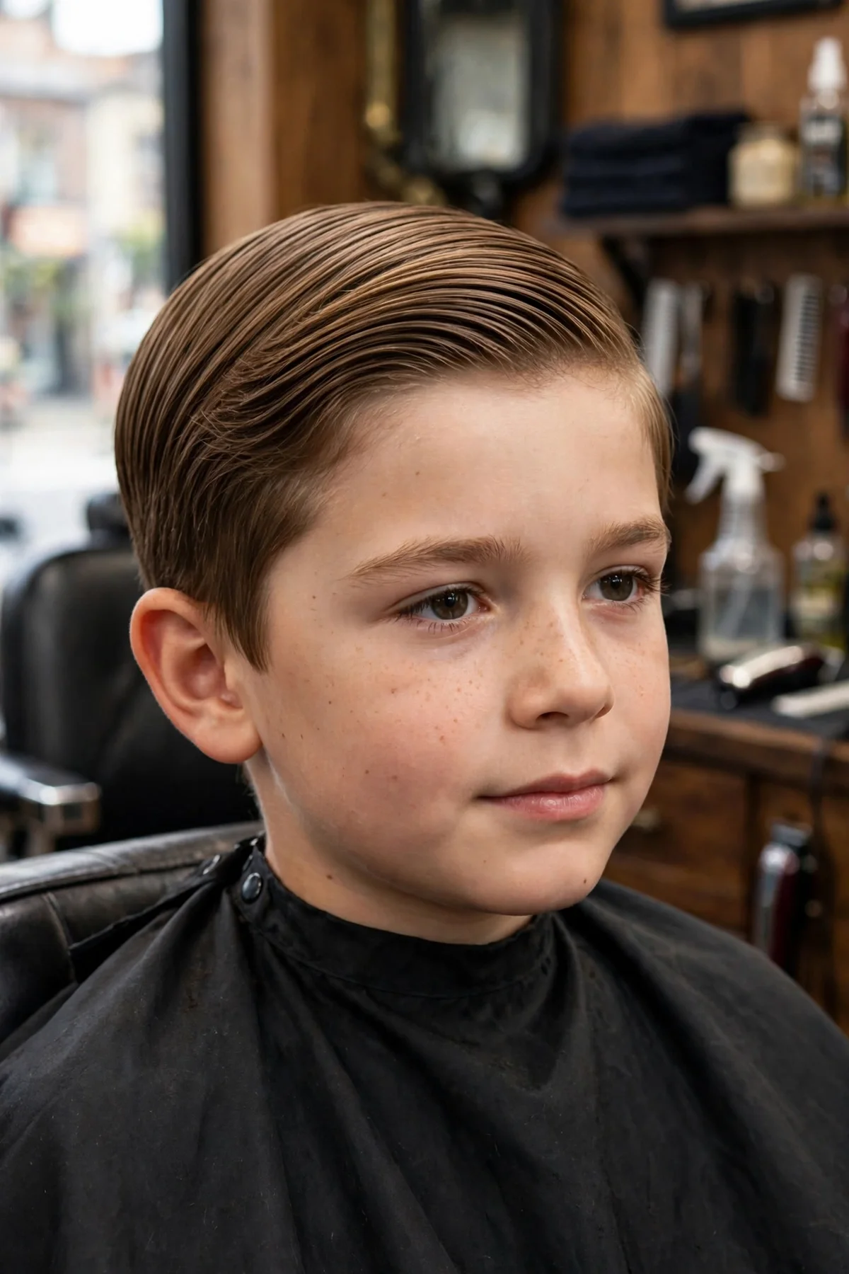 Boy with fine straight hair in a neat comb over swept to one side.