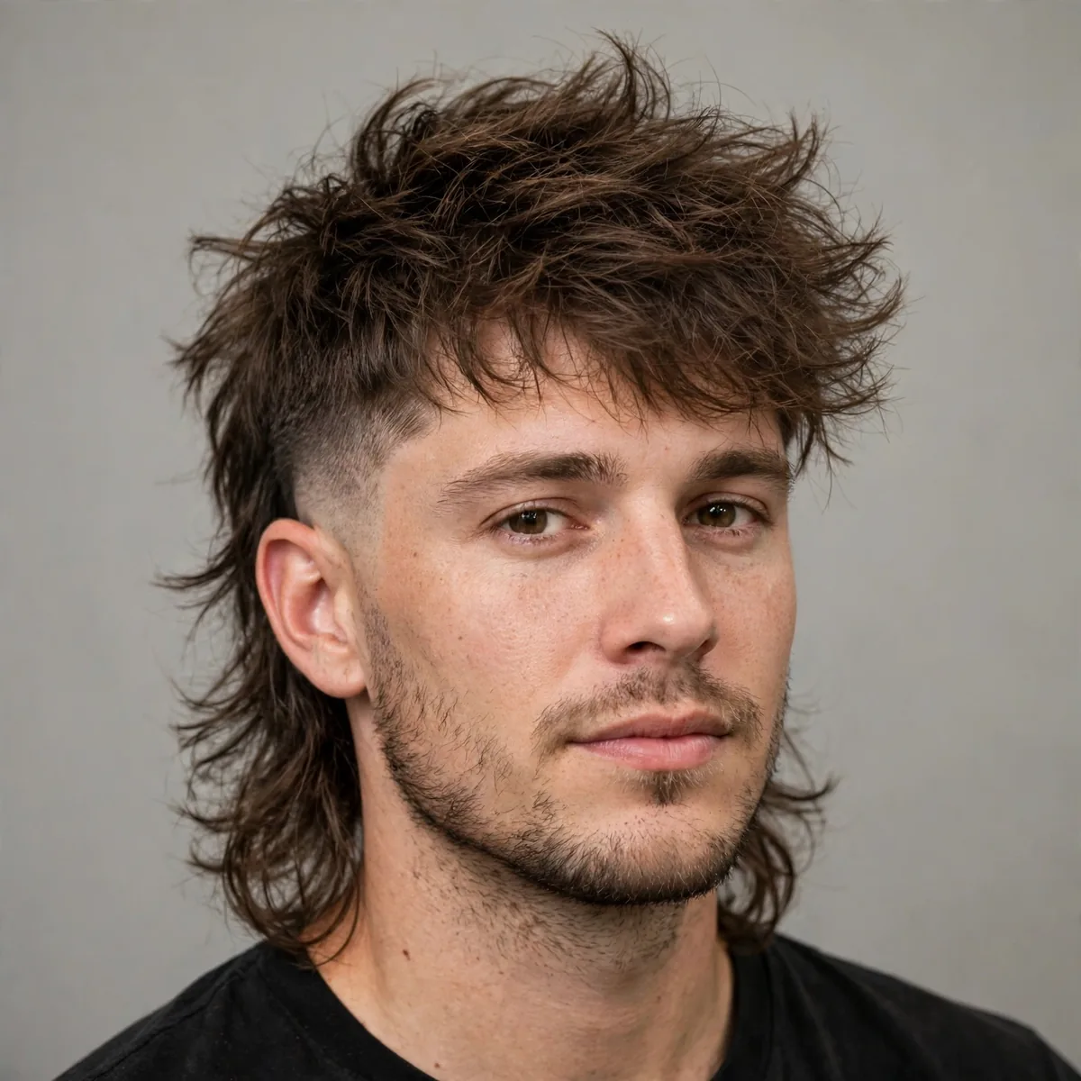 Messy fade mullet haircut — tousled bedhead top with a low fade and loose carefree layers at the back.