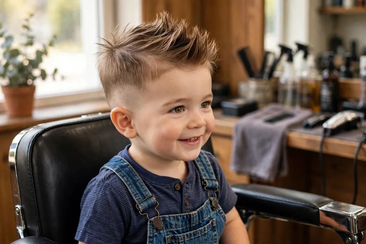Toddler boy with a mini faux hawk, textured strip with faded sides — fun low maintenance toddler boy haircut