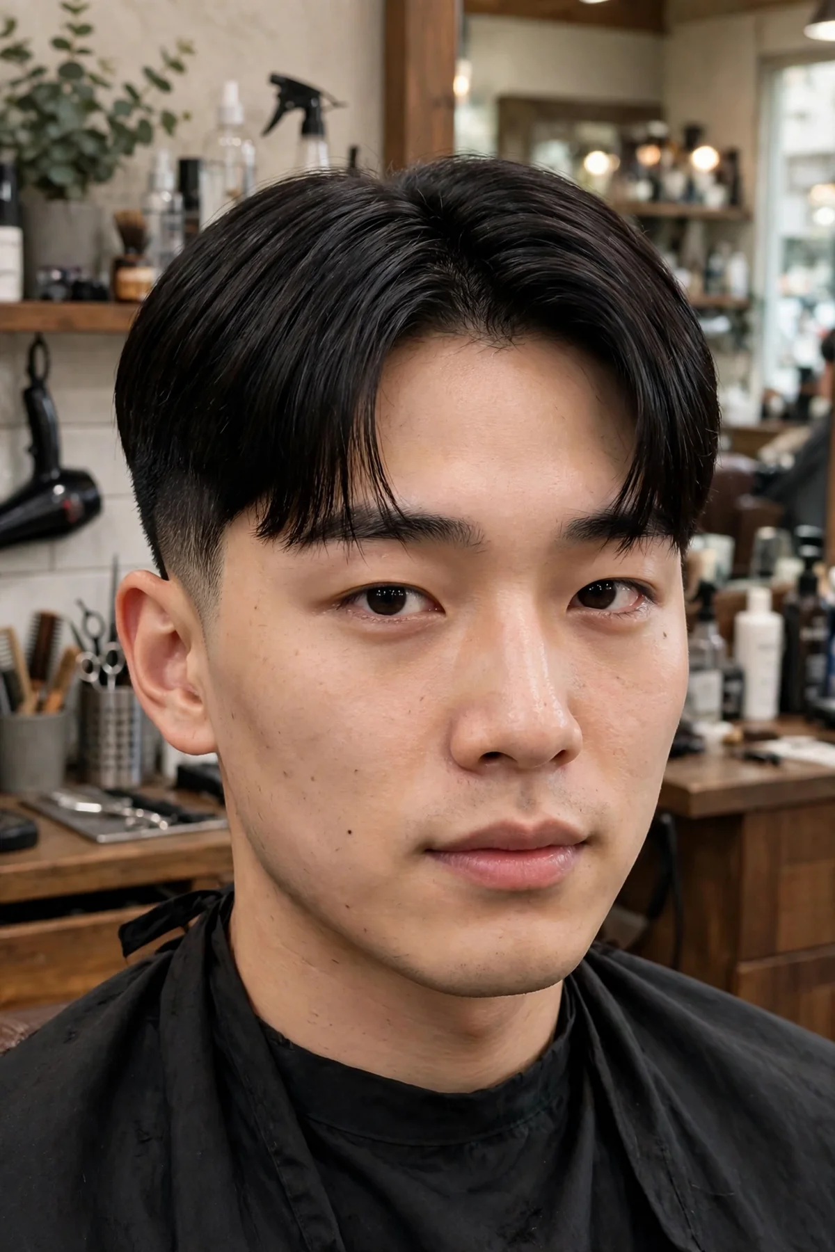 Two block haircut for men with straight hair — trimmed sides with longer straight hair on top