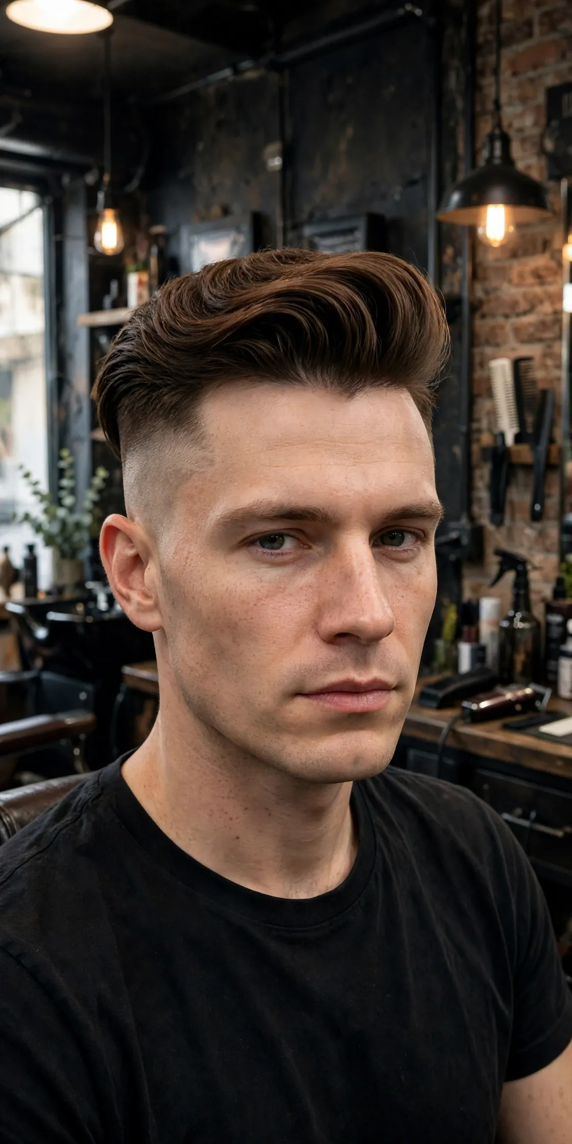 Undercut pompadour haircut for men — long swept-back top with uniform short undercut sides, edgy men's hairstyle