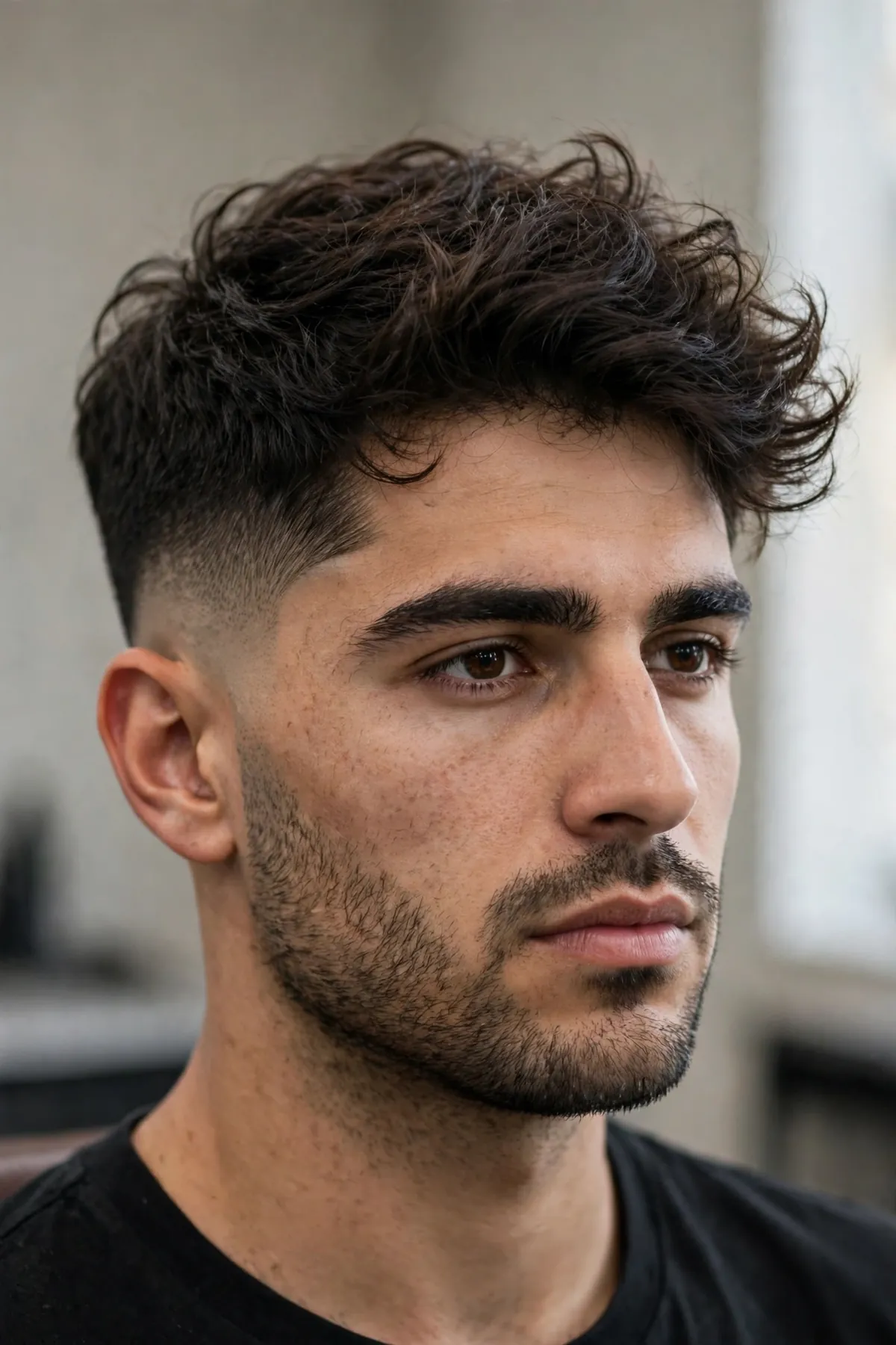 Man with a wavy messy high taper — windswept natural waves over clean high tapered sides.