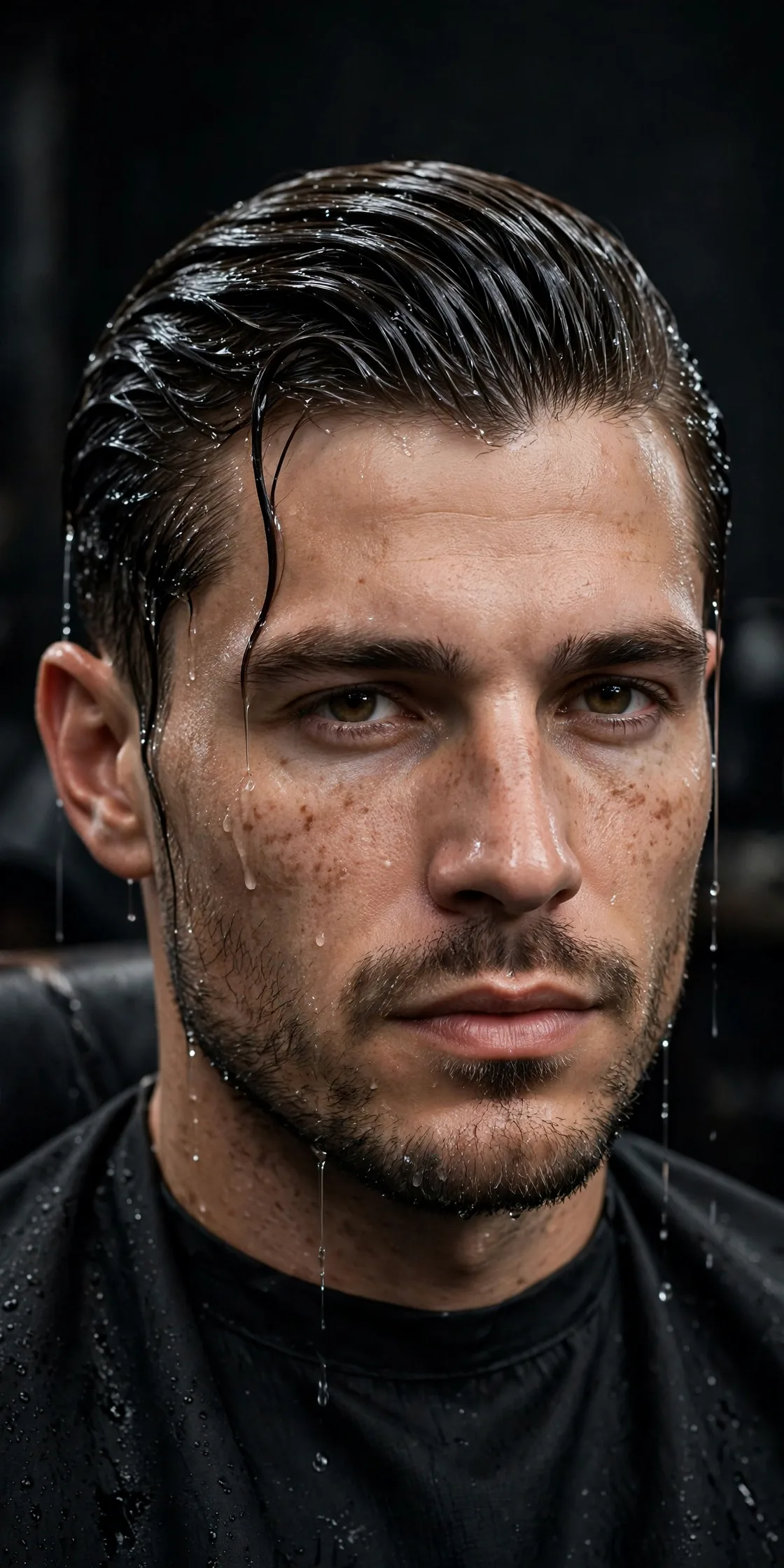 Wet look slick back haircut with glossy just-showered shine and hair combed back tight to the head. A high-shine wet look slicked back hair style for men.