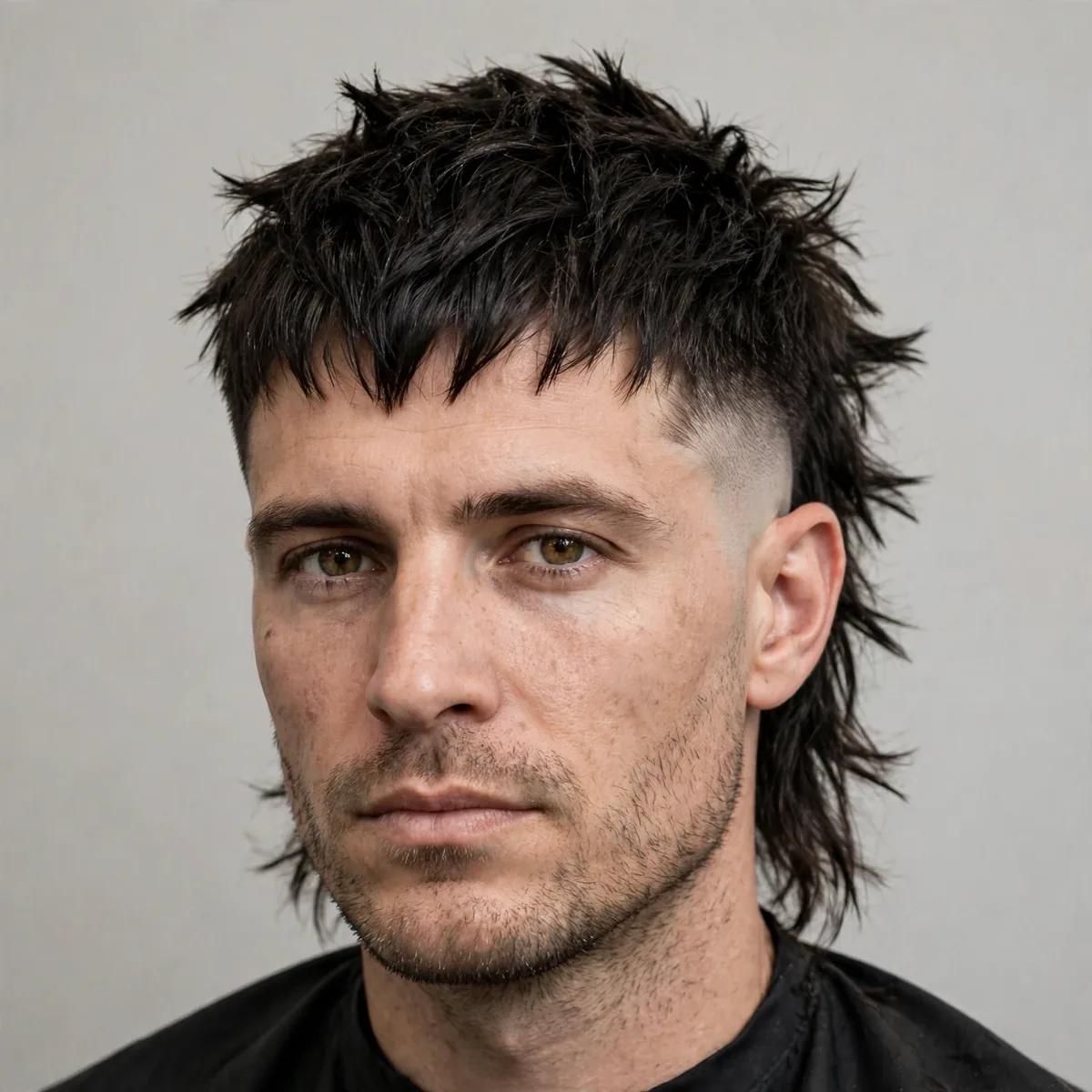 Choppy fade mullet haircut — jagged disconnected layers on top with a sharp mid fade and edgy uneven back length.