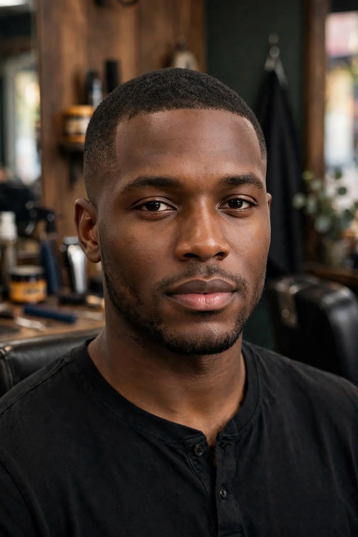 Crew cut black men haircut with short upright top and tapered sides