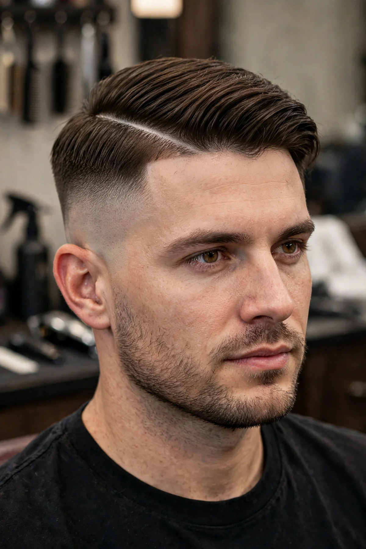 Hard part fade haircut for men with straight hair — shaved part line with faded sides and styled top