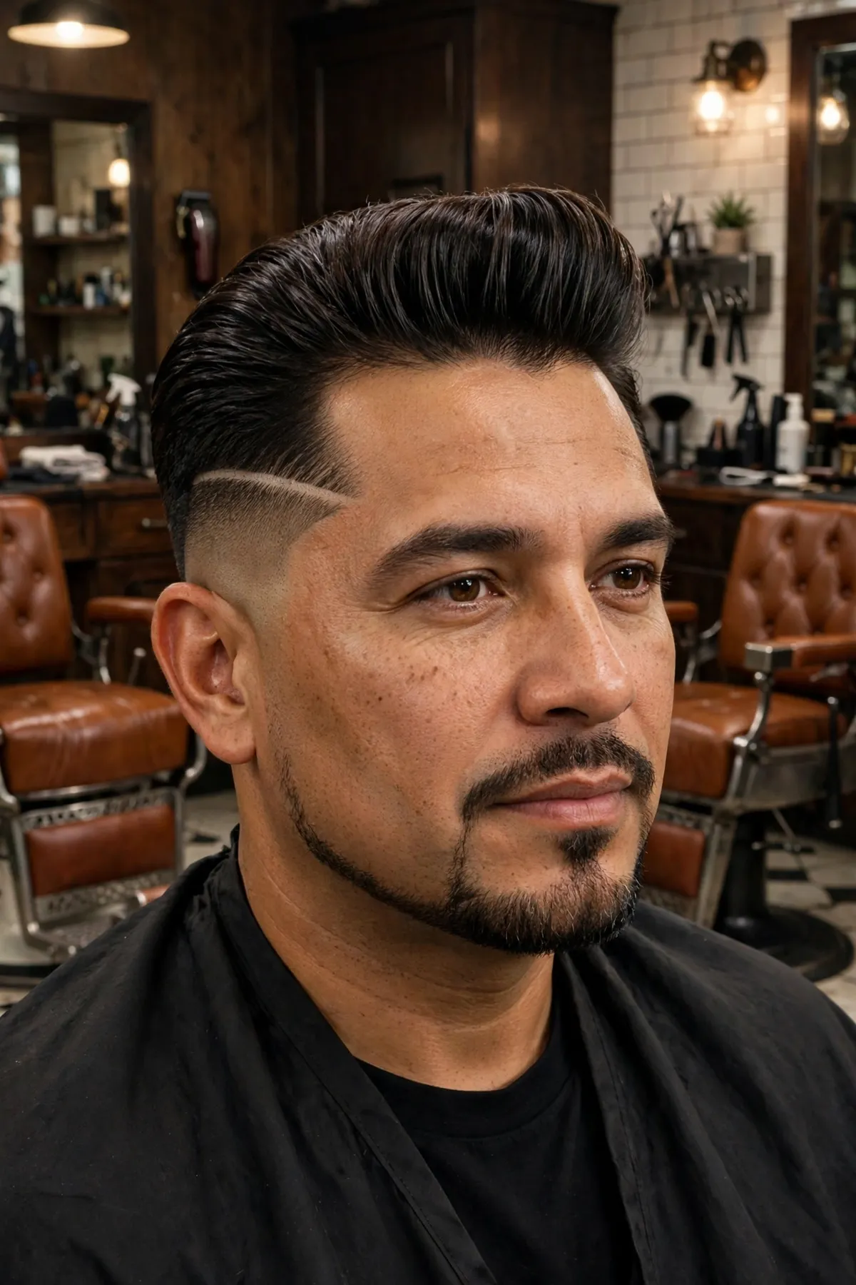 Hard part pompadour haircut — razored part line with voluminous pompadour top and faded sides, precise men's haircut