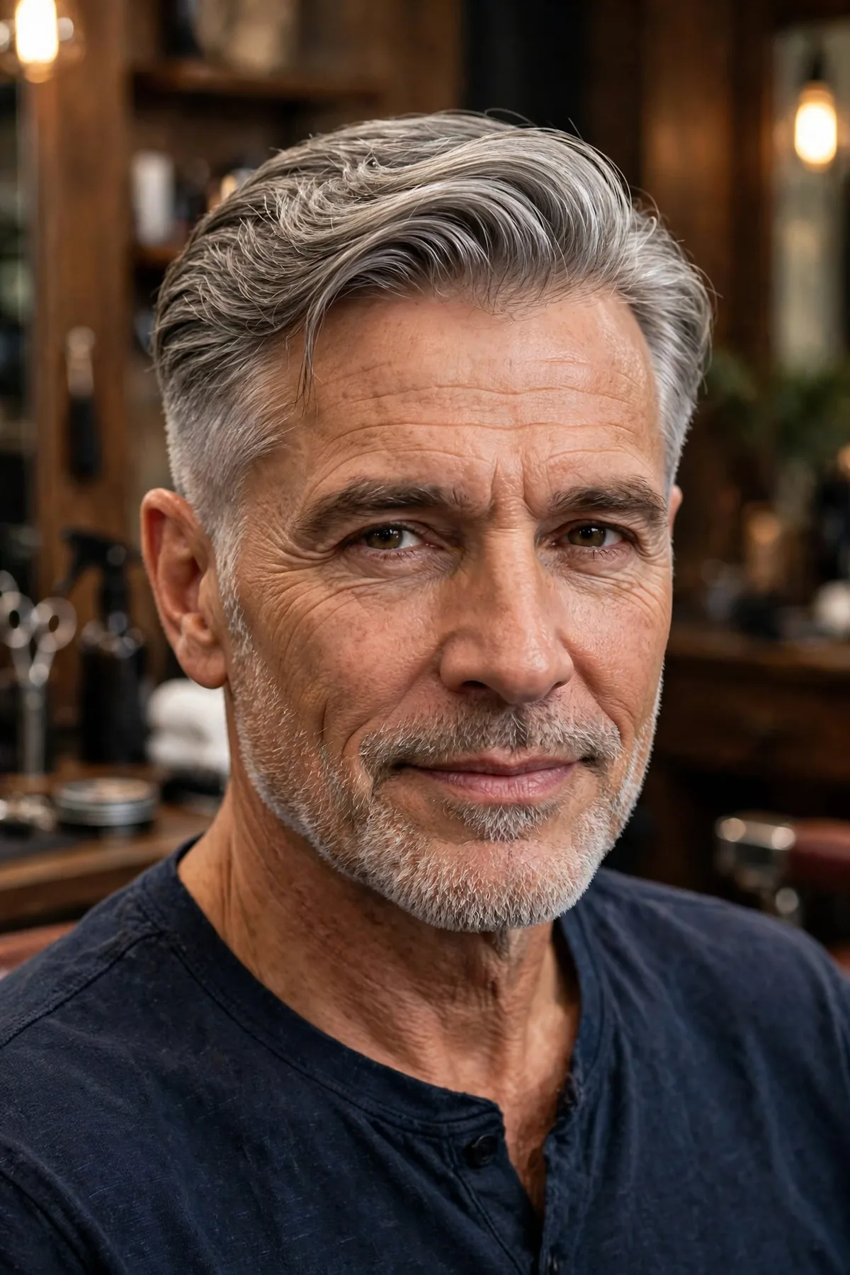 Older man with a silver fox comb over haircut, distinguished gray swept top and tapered sides, barbershop portrait