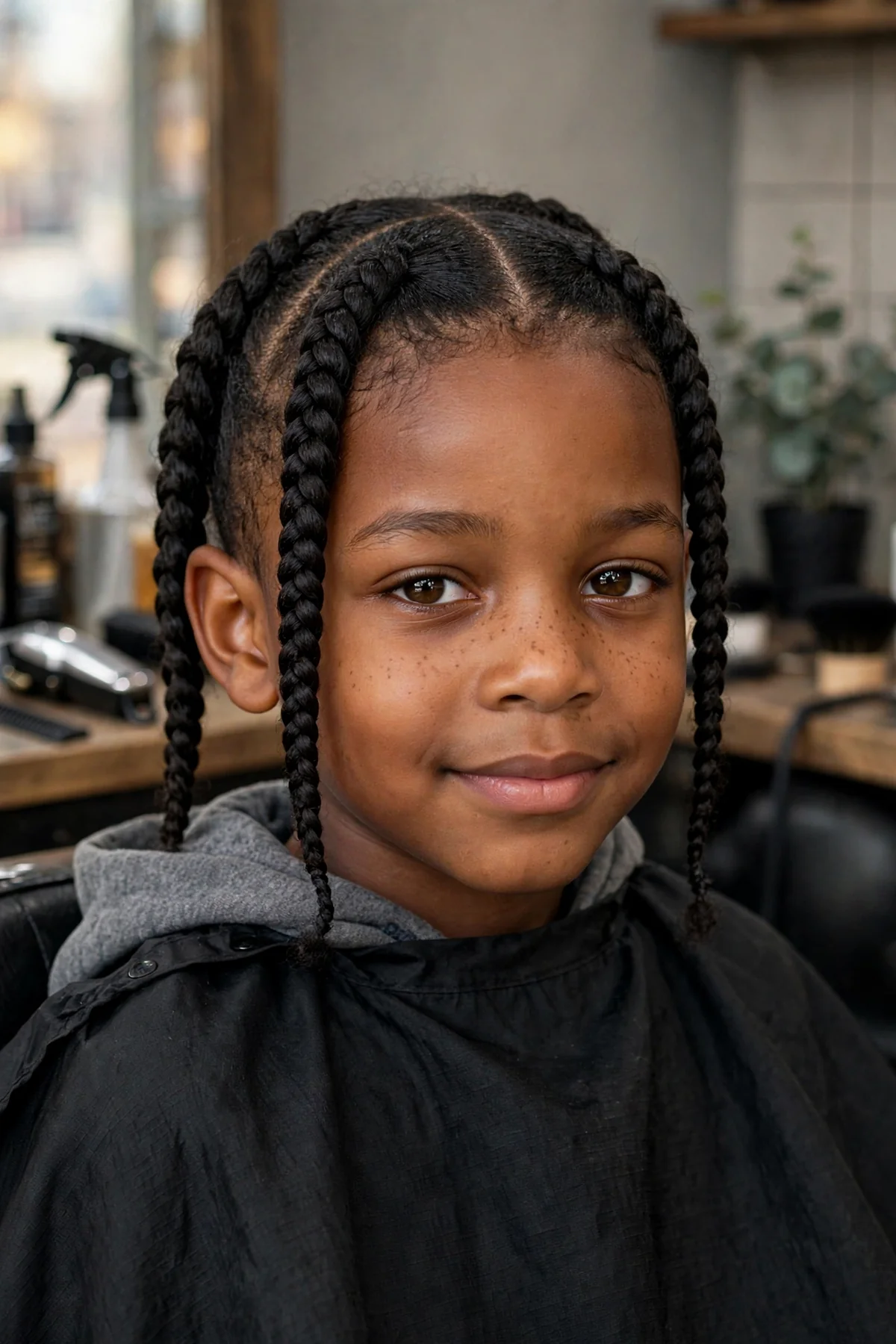 Little Black boy with simple three-strand plait braids, a gentle starter protective black boy haircut.