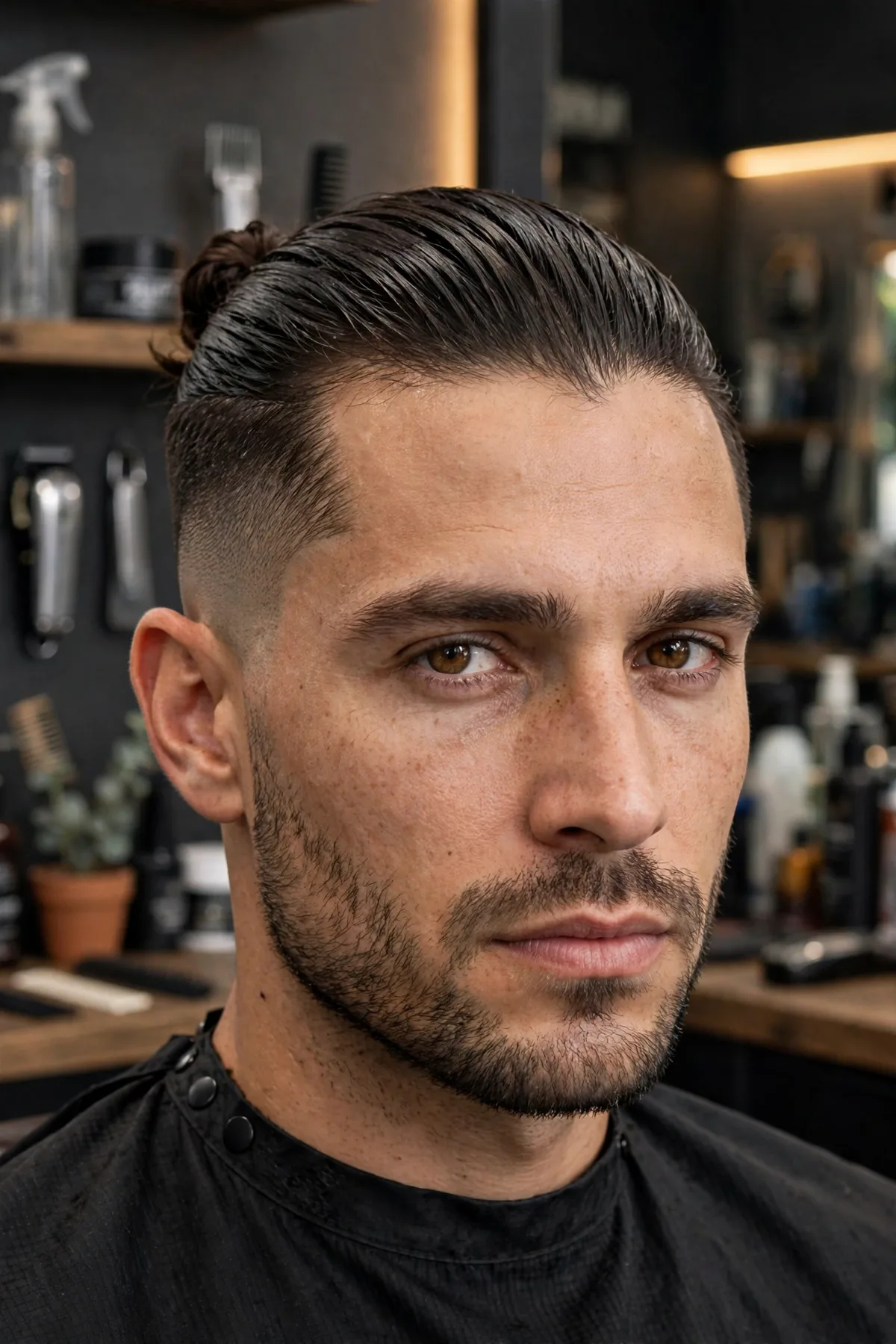 Slick back man bun hairstyle with long hair swept back into a neat bun at the crown. A long slick back hairstyle for men with a tied-back finish.