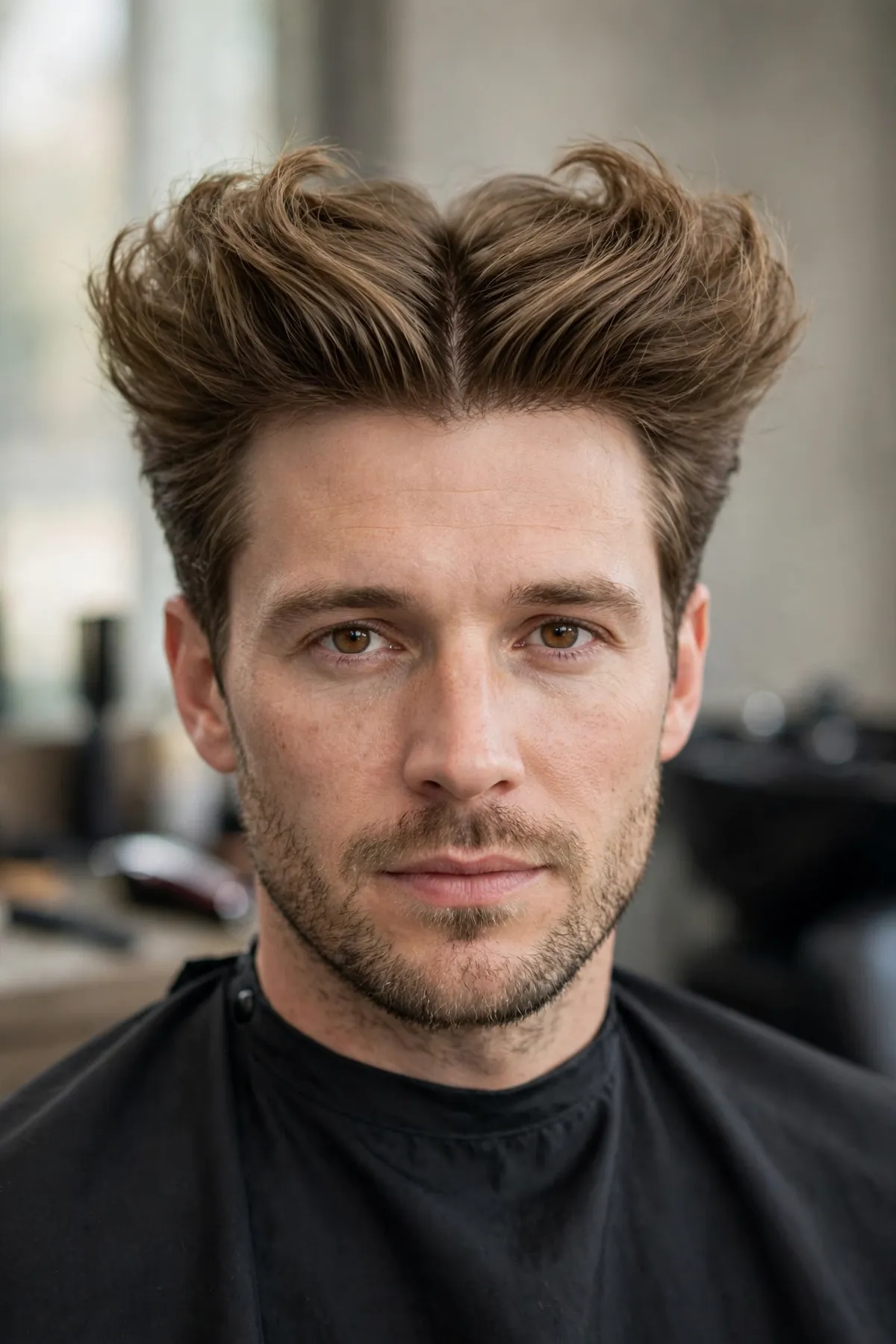 Split pompadour middle part haircut for men with voluminous front divided down the center