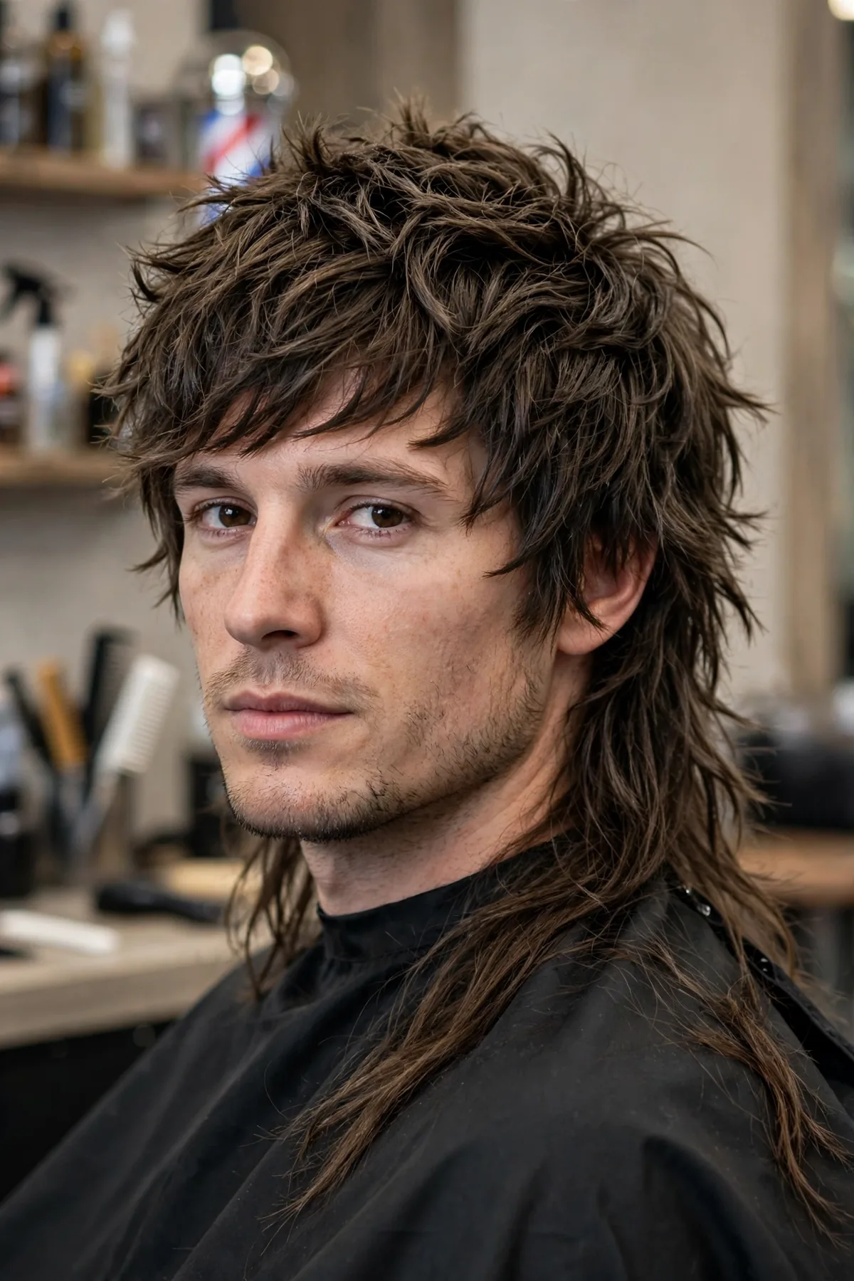 Textured wolf cut haircut for men with heavily point-cut layers and defined separation