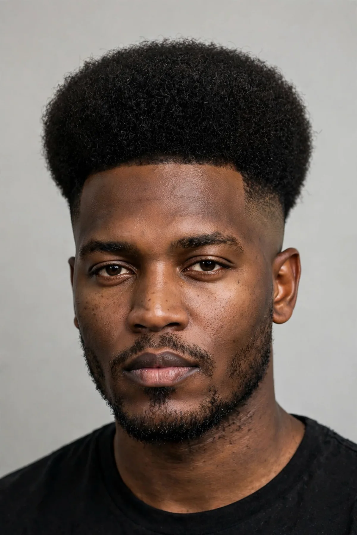 Afro with a bald fade haircut — rounded afro top with bare-skin faded sides, bold silhouette