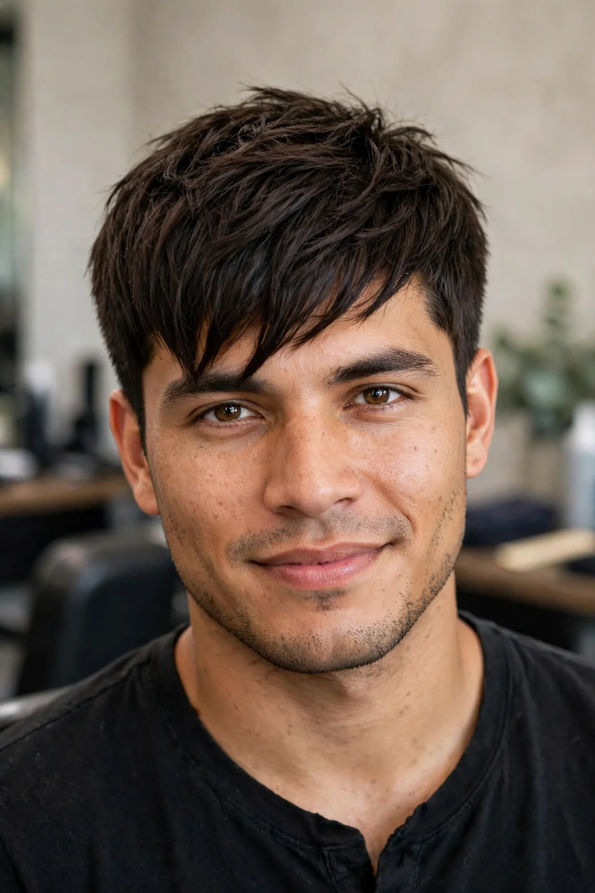Angular fringe medium haircut for men with a diagonal swept fringe line.