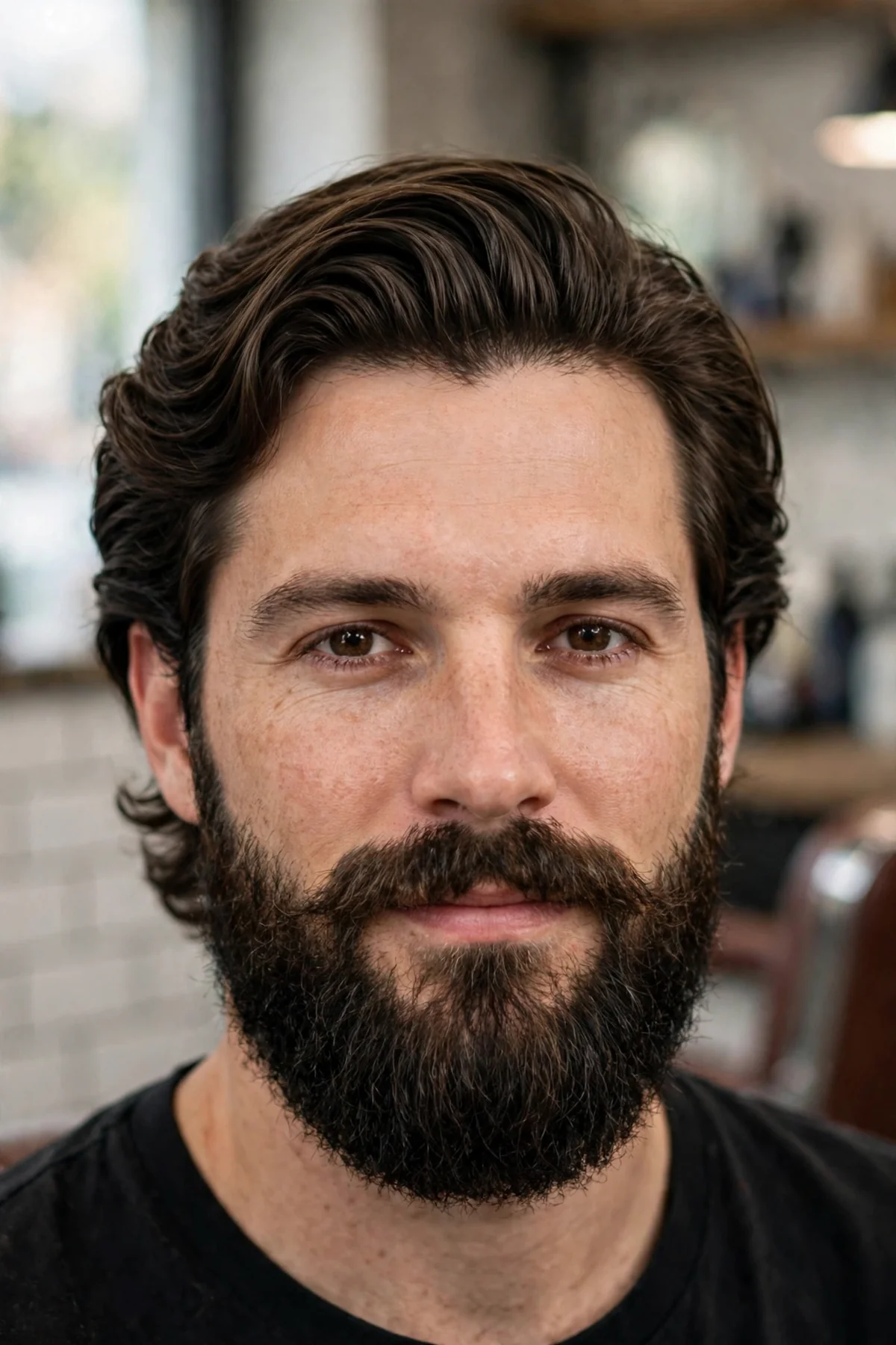 Men's flow haircut paired with a full groomed beard, long flowing hair and facial hair
