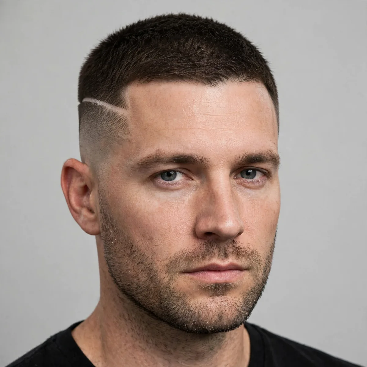 Hard part crew cut for men — #4 top with a shaved hard part line carved into the side