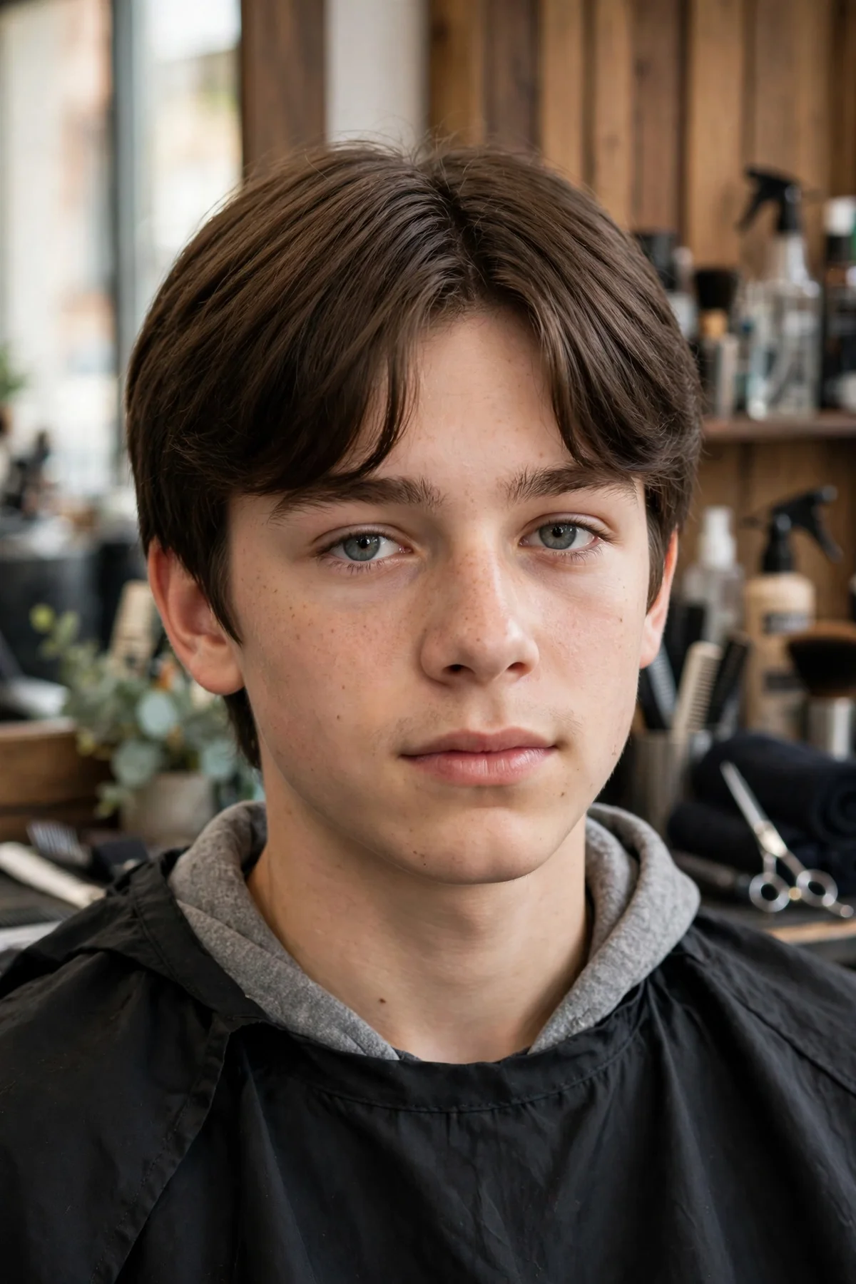 Teen boy with straight hair in a middle part with curtain bangs falling on both sides.