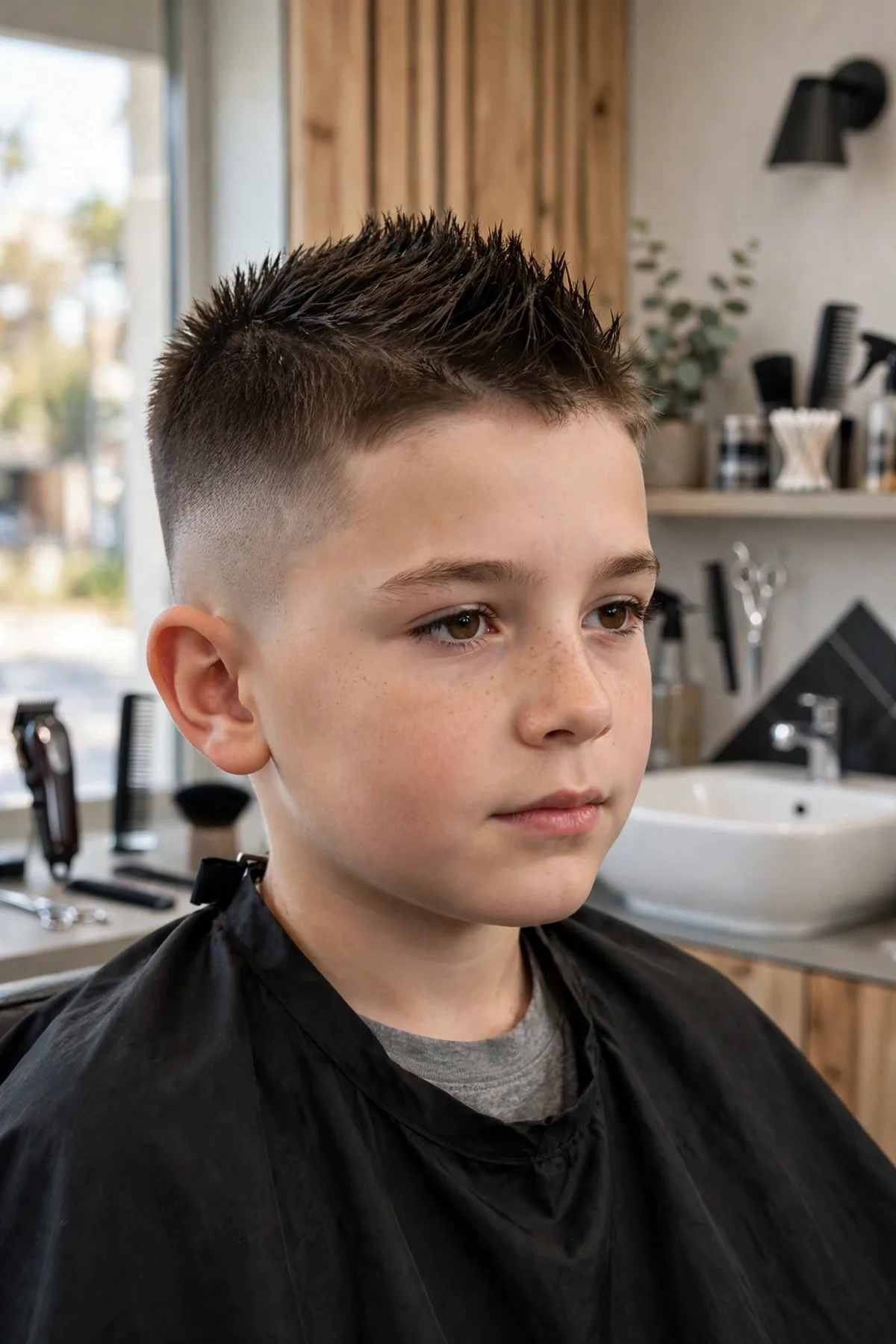 Boy with a mini mohawk haircut — short spiked strip with faded sides, an edgy short boys haircut