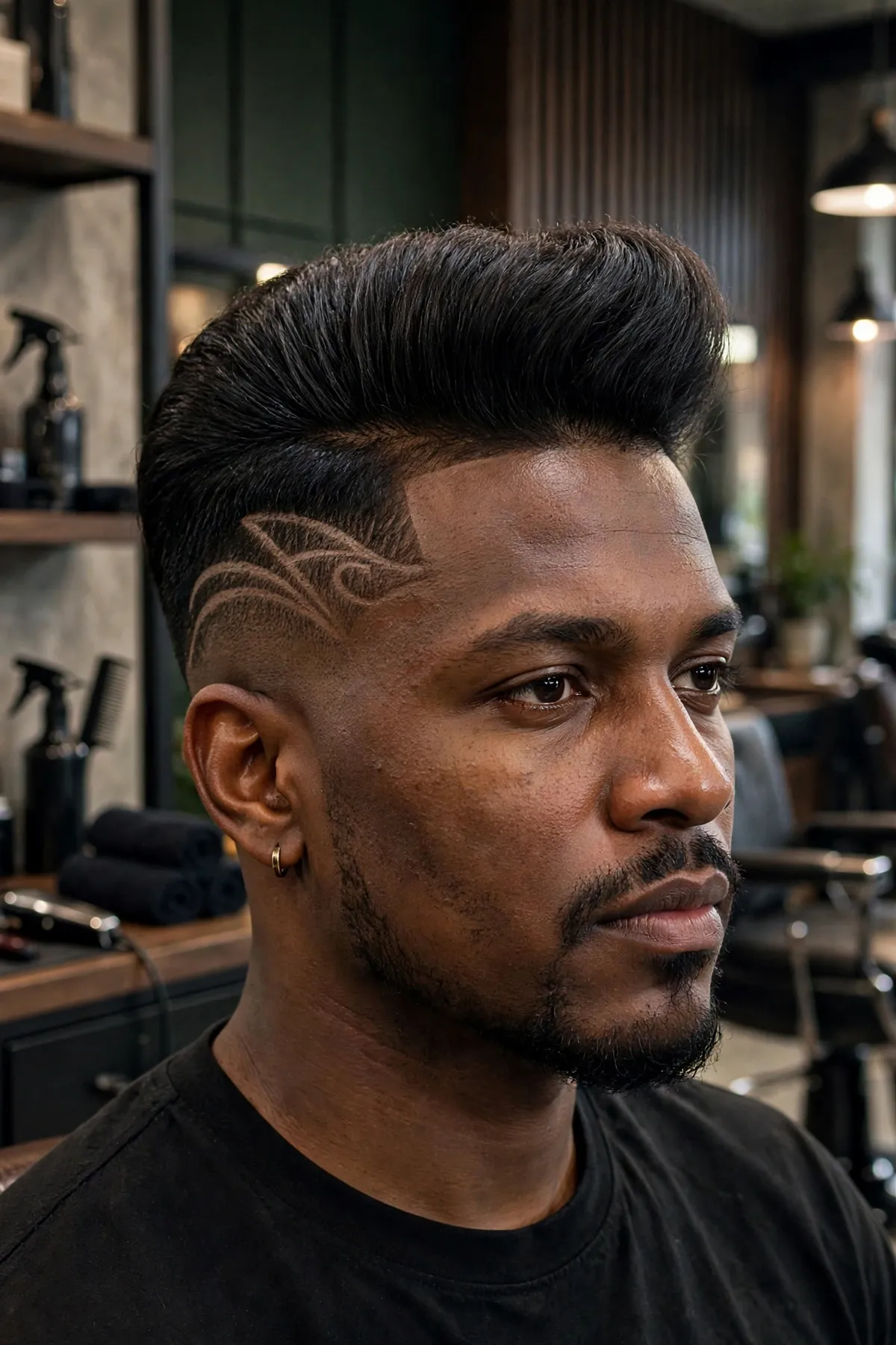 Pompadour haircut with shaved temple design — voluminous top with a creative shaved line design on faded sides
