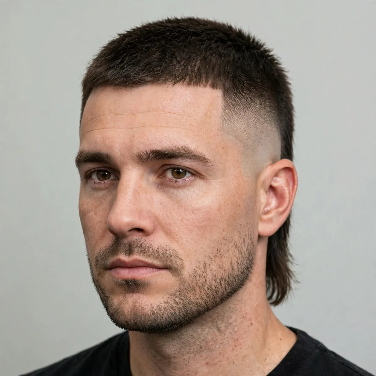 Short fade mullet haircut — cropped close top with a high skin fade and short neat mullet length just past the collar.