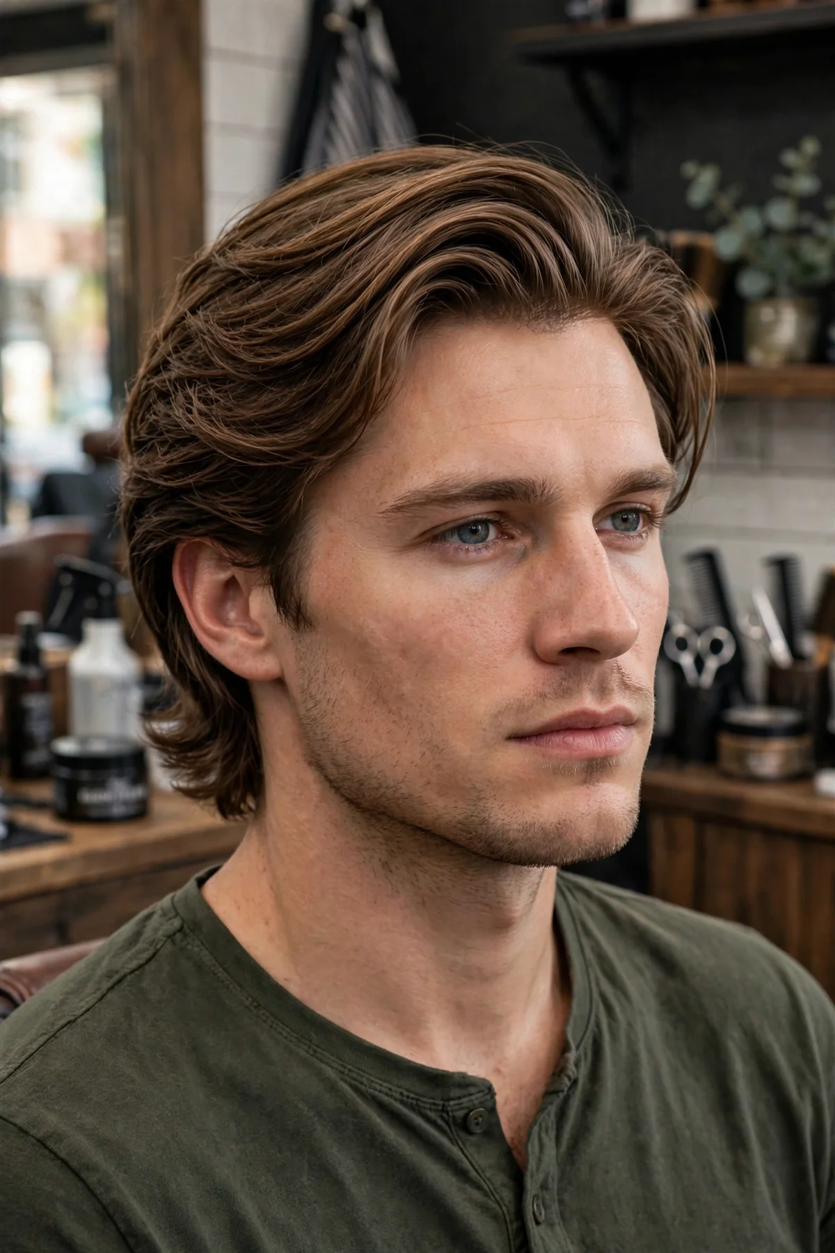 Bro flow haircut for men with straight hair — medium length hair swept back with natural flow