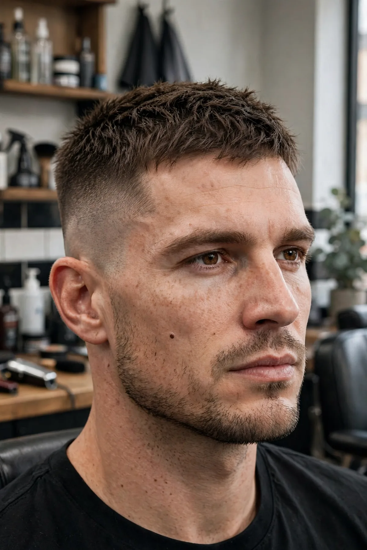 Buzzed warrior crop haircut for men with short textured top and tight fade