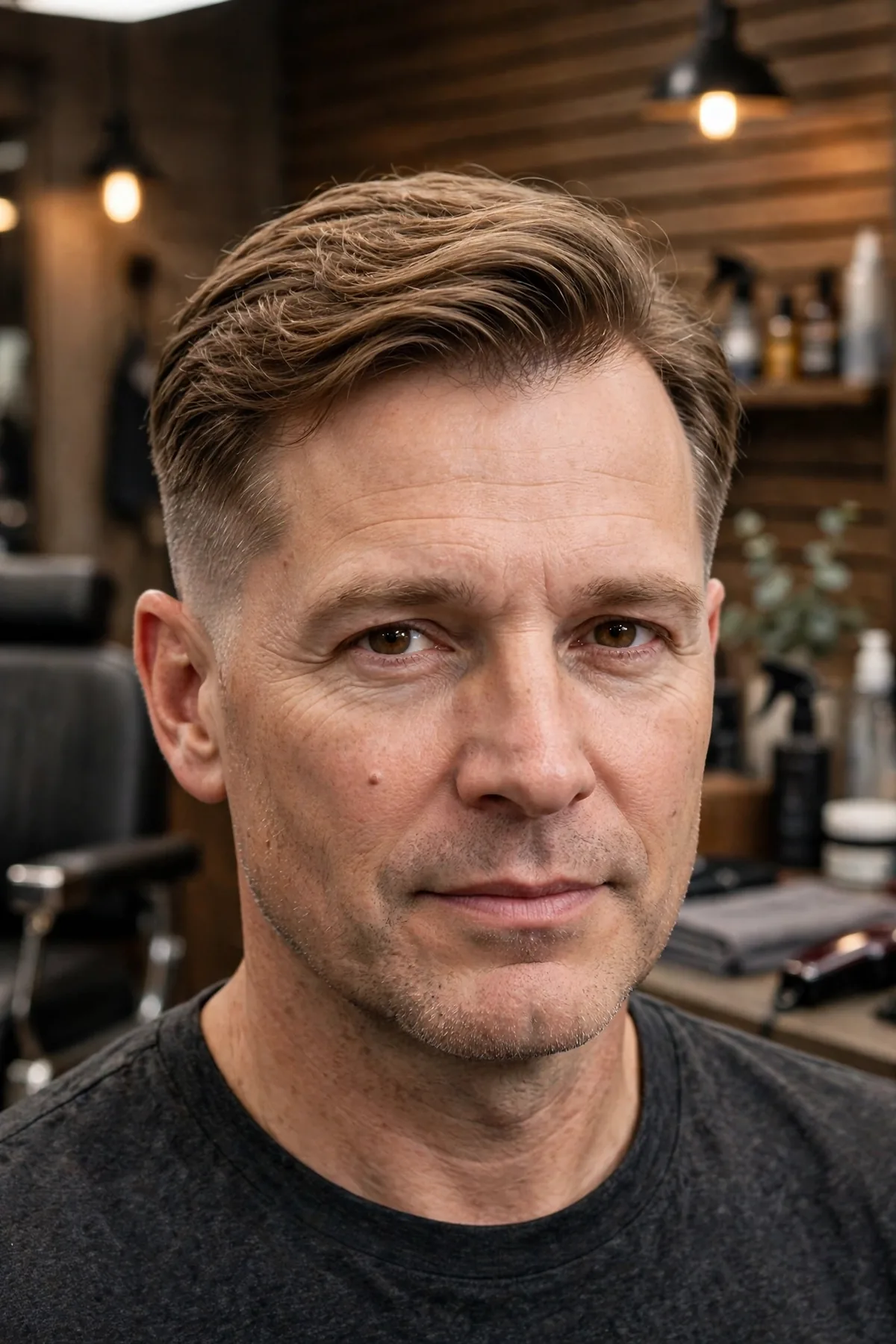 Man with a comb over haircut for thinning hair, fuller-looking swept top with matte texture, barbershop portrait