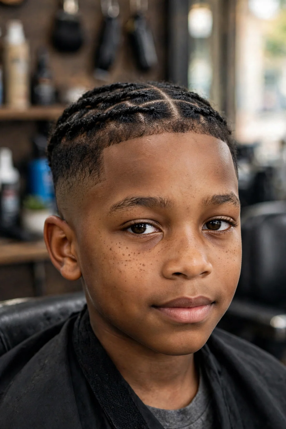 Young Black boy with flat twists on top and a low fade, a gentle protective black boy haircut.
