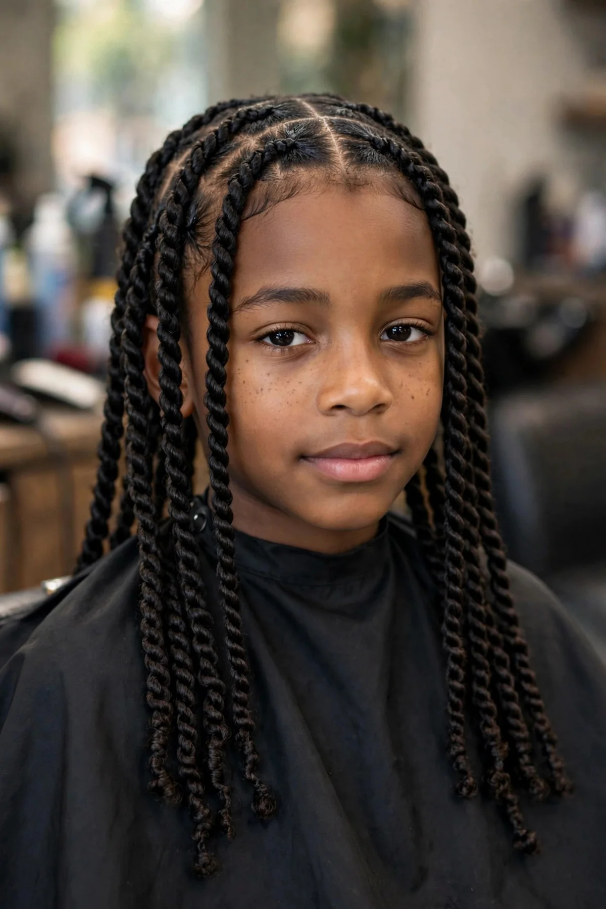 Long two-strand twists boys hairstyle with neat twisted sections on long coily hair