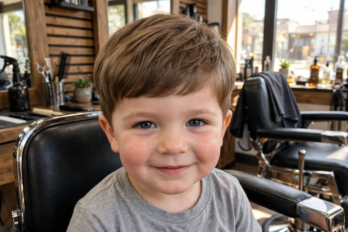 Toddler boy with a modern soft bowl cut, rounded blended shape — trendy low maintenance toddler boy haircut